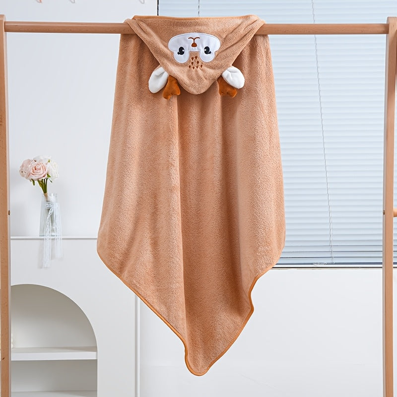 Ultra-Soft Coral Fleece Youngsters' Hooded Bath Towel with Cute Cartoon Animal Design - Super Absorbent & Skin-Friendly, Perfect for Swimming and Showering, Available in White/Blue/Pink/Black, Youngsters's Hooded Towel