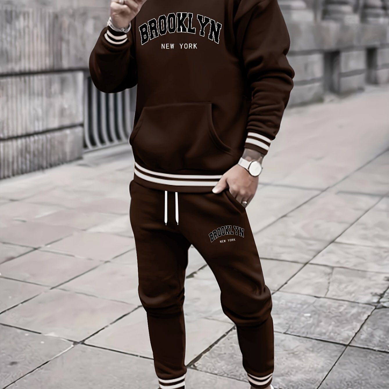 2pcs Men's Trendy BROOKLYN Letter Print Hooded Outfit, Hoodie & Pants Set, Men's Clothes For Spring Fall Winter, As Gift