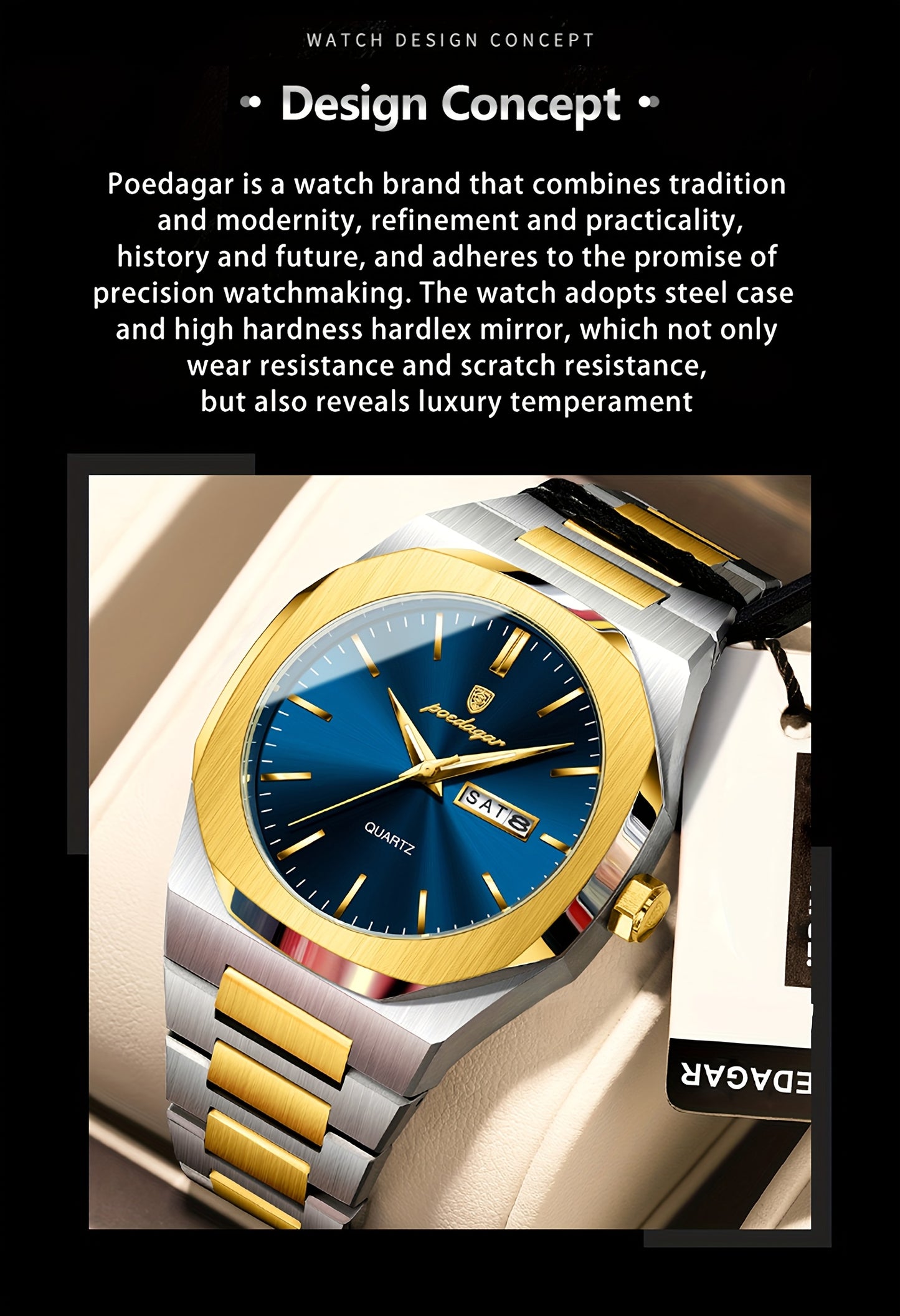 POEDAGAR Men'S Luxury Quartz Watch - Waterproof, Luminous Calendar, Stainless Steel Band, Business Style, Blue & Golden Accents, 3ATM, Non-Rechargeable Button Battery, Perfect for Spring Festival & Valentine'S Day Gifts