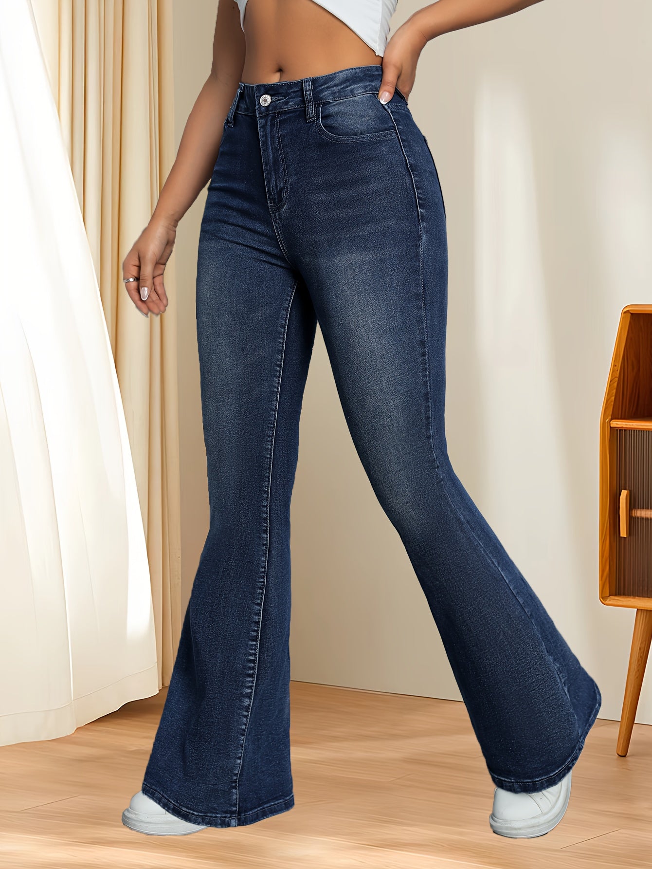 Flare Leg Strechy Whiskering Washed Blue Casual ոճի կայծակաճարմանդ կոճակով փակվող ջինսե տաբատ, կանացի ջինսե ջինսեր և հագուստ
