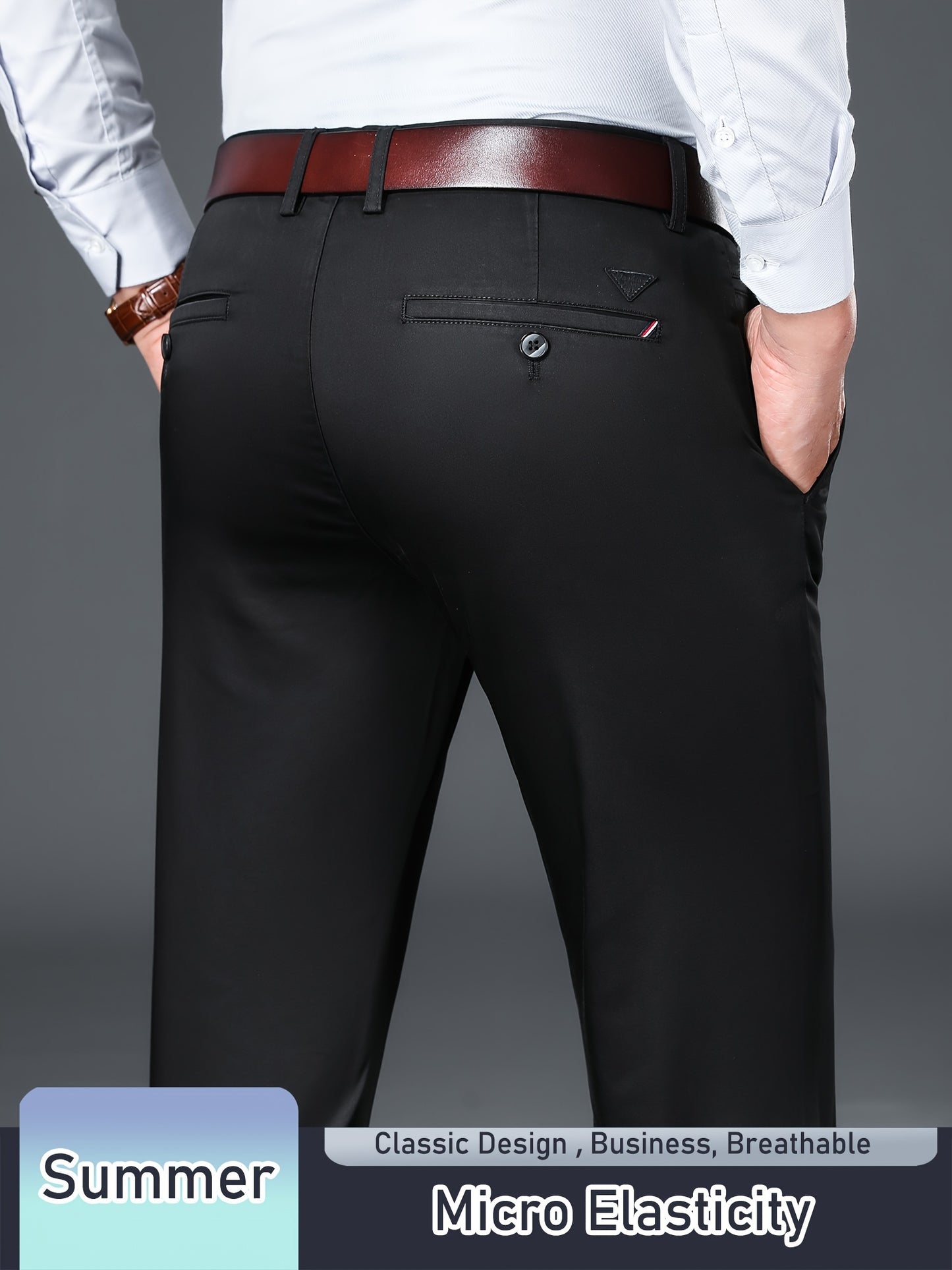 Men's Solid Pants With Pockets, Light Business Style Regular Fit Trousers For Outdoor Activities, Daily Wear For Spring And Autumn