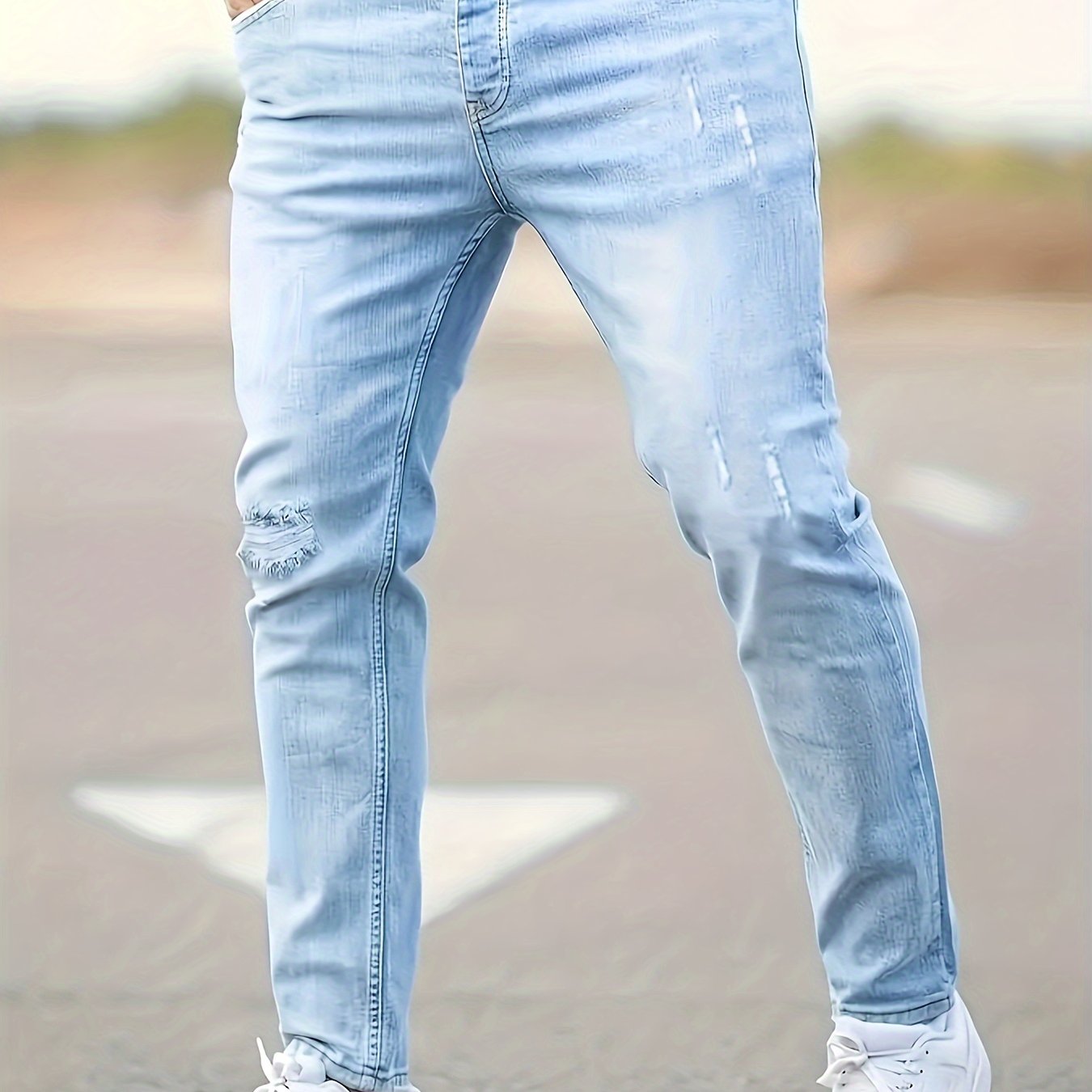 Men's Slim Fit Stretch Denim Jeans - Casual, Breathable & Machine Washable with Ripped Detail