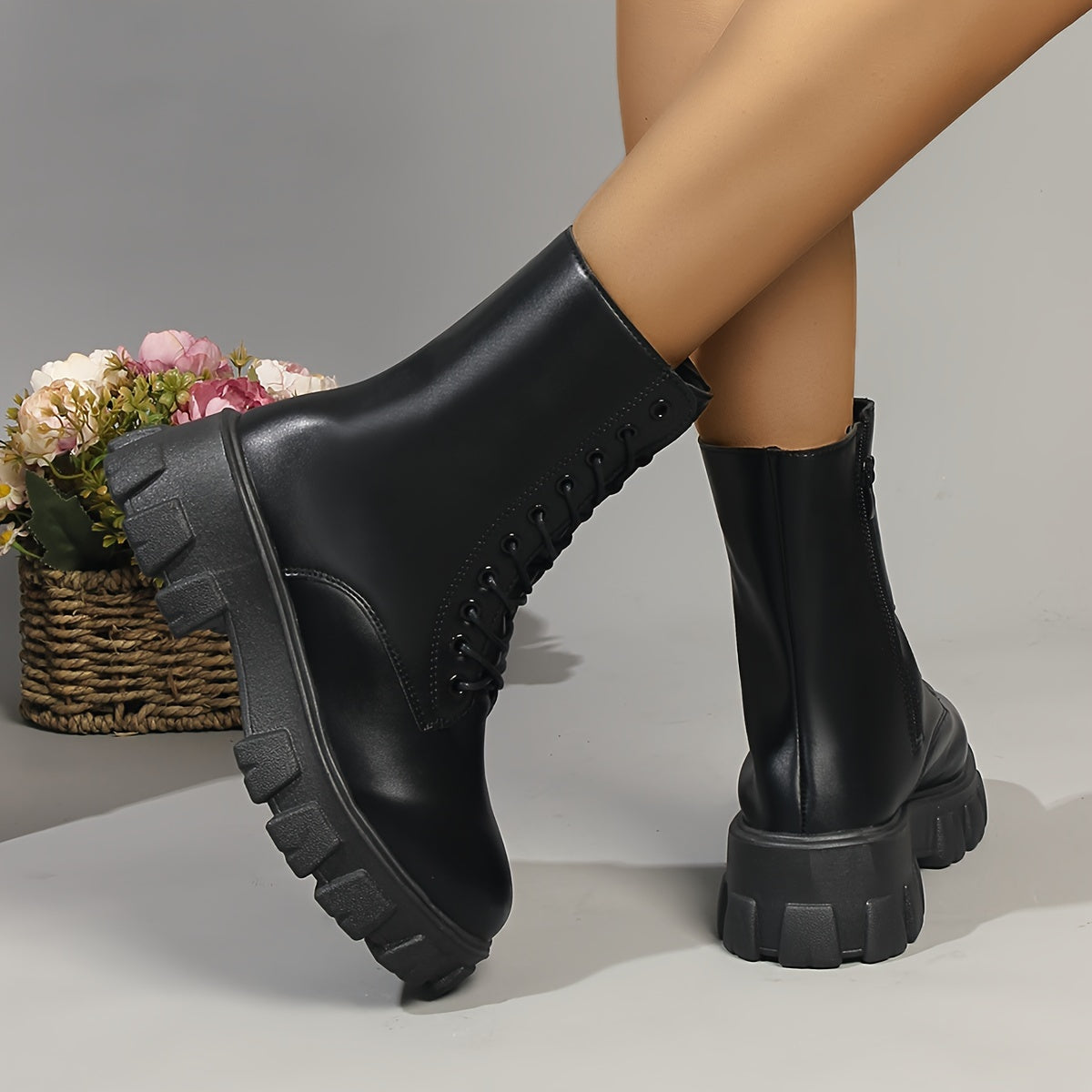 Chic Women's Mid-Calf Platform Boots - Versatile Lace-Up Ankle Booties with Thick Sole, Faux Cover, Comfortable for All Seasons