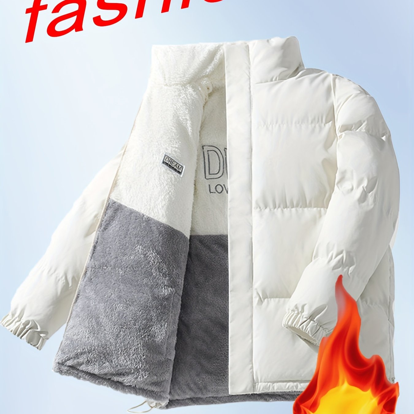 Տղամարդու երկկողմանի բրդյա ծածկույթով հաստ բաճկոն՝ առօրյա կանգնած օձիքով՝ տառերի տպագրությամբ, սովորական չափսերով, գրպաններով, պոլիեսթերային լցոնով, բազմակողմանի աշուն/ձմեռ համար, ձմեռային բաճկոն