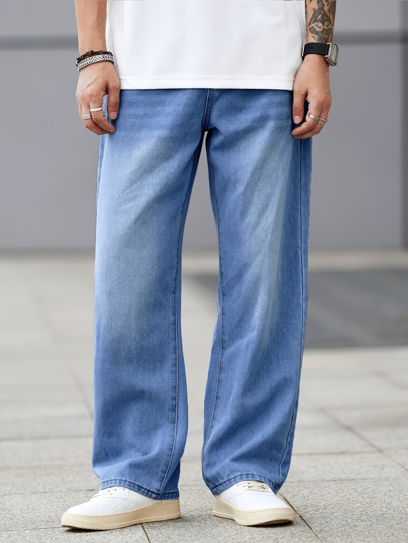Men's Loose Fit Wide Leg Jeans, Men's Stylish Comfy Denim Pants, Versatile For Four Seasons