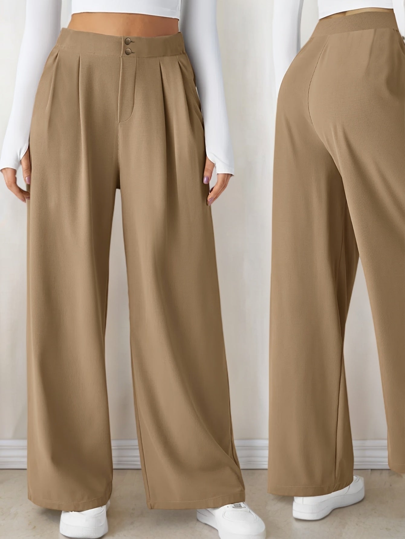 Solid Color Straight Leg Pants, Elegant High Waist Button Front Pants For Work & Office, Women's Clothing