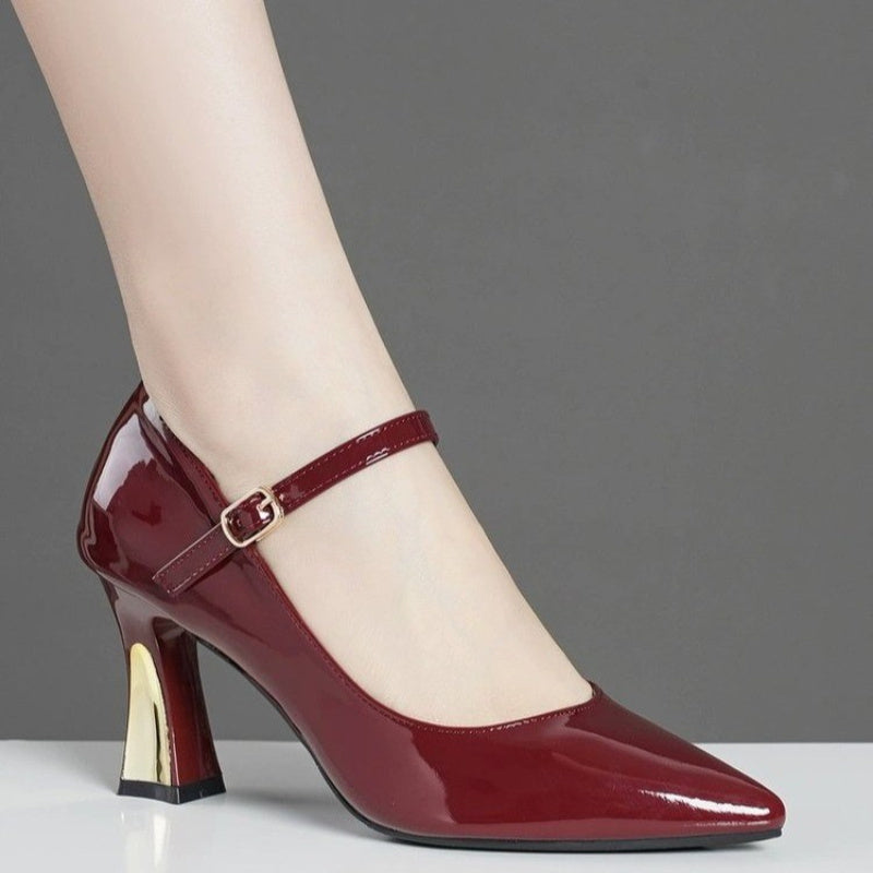Women's Burgundy Synthetic Cover Mary Jane High Heels - Pointed Toe Chunky Block Heel with Adjustable Ankle Strap Golden Buckle, Glossy Finish for Spring, Casual Formal Events, Casual Chic Shoes Pointed Toe Heels Dura