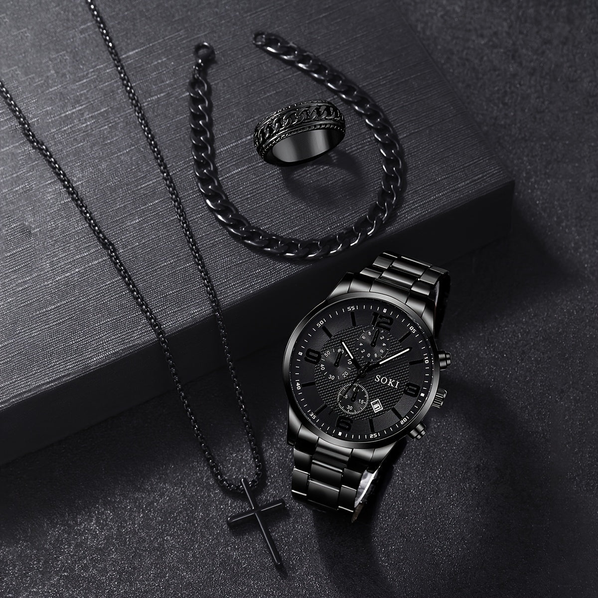 SOKI Men'S Casual Quartz Watch Set, 4pcs, Round Dial, Alloy Case, Stainless Steel Strap, Pointer Display, Calendar Feature, Non-Waterproof, Electronic Movement, Battery Powered, with Silvery Cross Pendant Necklace Ring Bracel