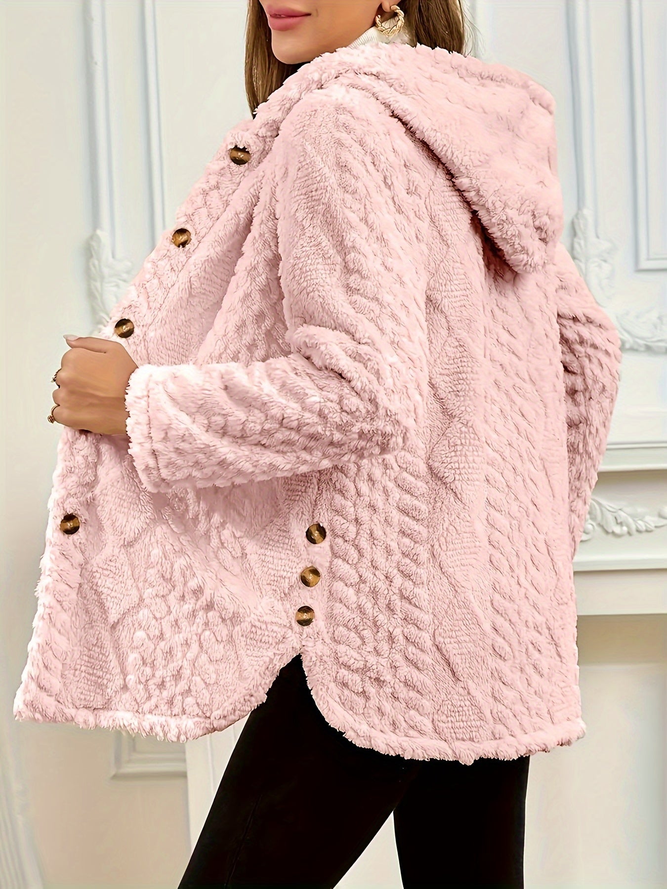 Elegant Pink Faux Fur Coat for Women - Chic Button-Front Hooded Jacket with Sleek Collar, Long Sleeves, and Ribbed Detailing - Perfect for Fall & Winter, Hand or Dry Clean Only