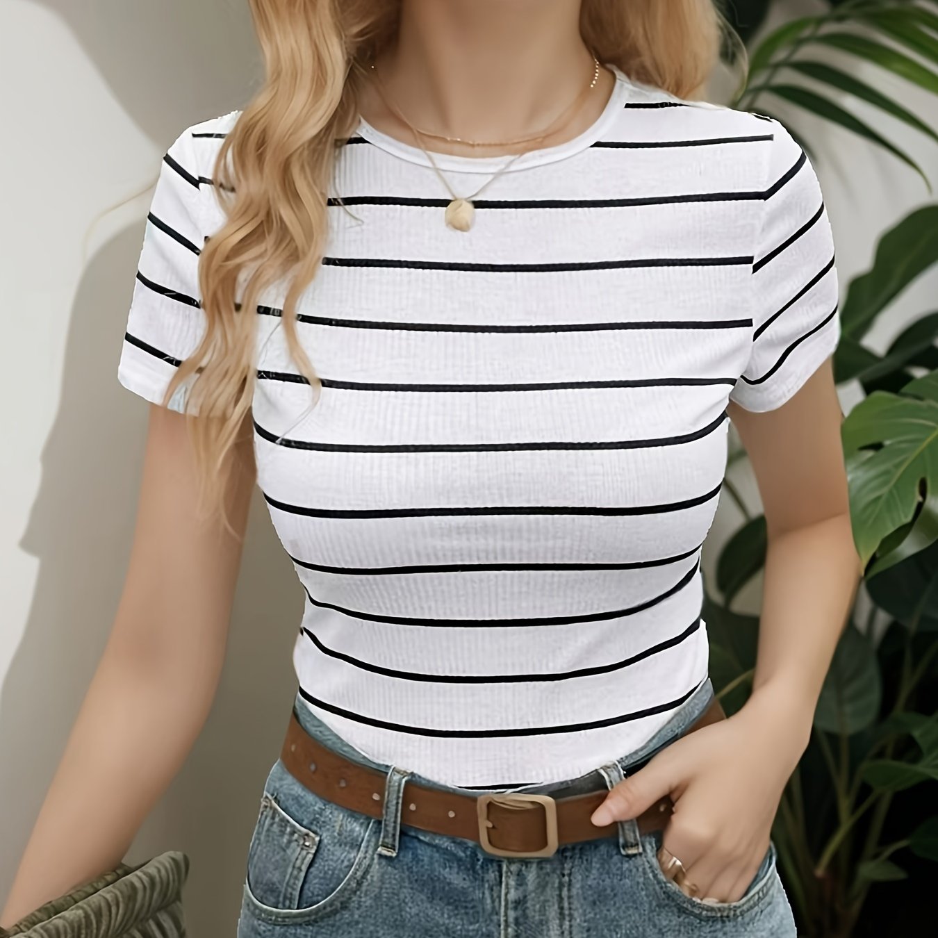 Women's Slim Fit Striped Short Sleeve T-Shirt - Black & White Horizontal Stripes, Round Neck, Breathable Summer Casual Top, Machine Washable, Everyday Fashion, Sophisticated Casual, Quality Casualwear, Relaxed Outfit, Classic