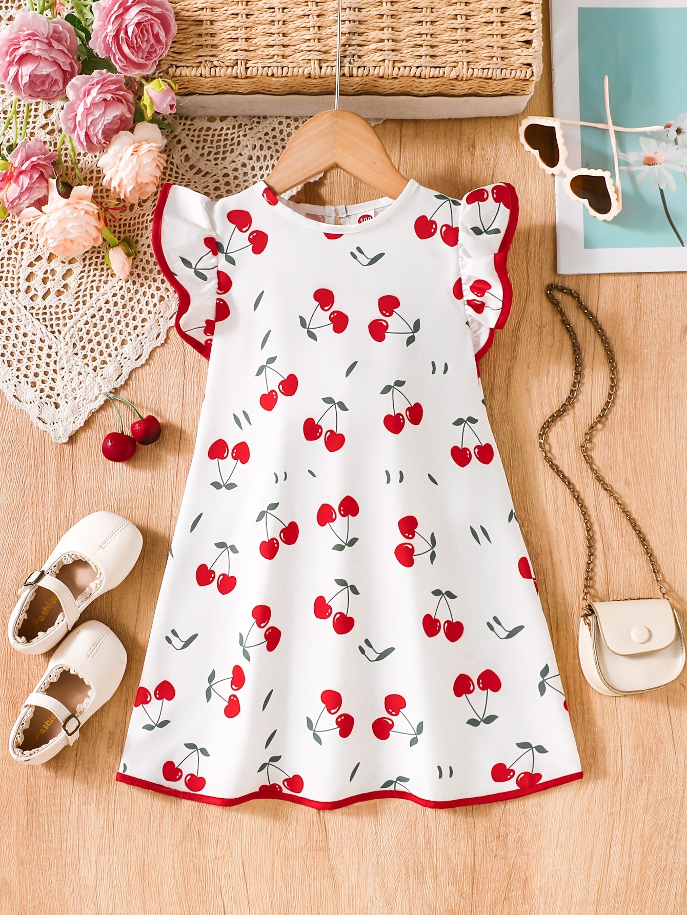 Girls' Summer Sleeveless Cherry Print Ruffle Casual Dress
