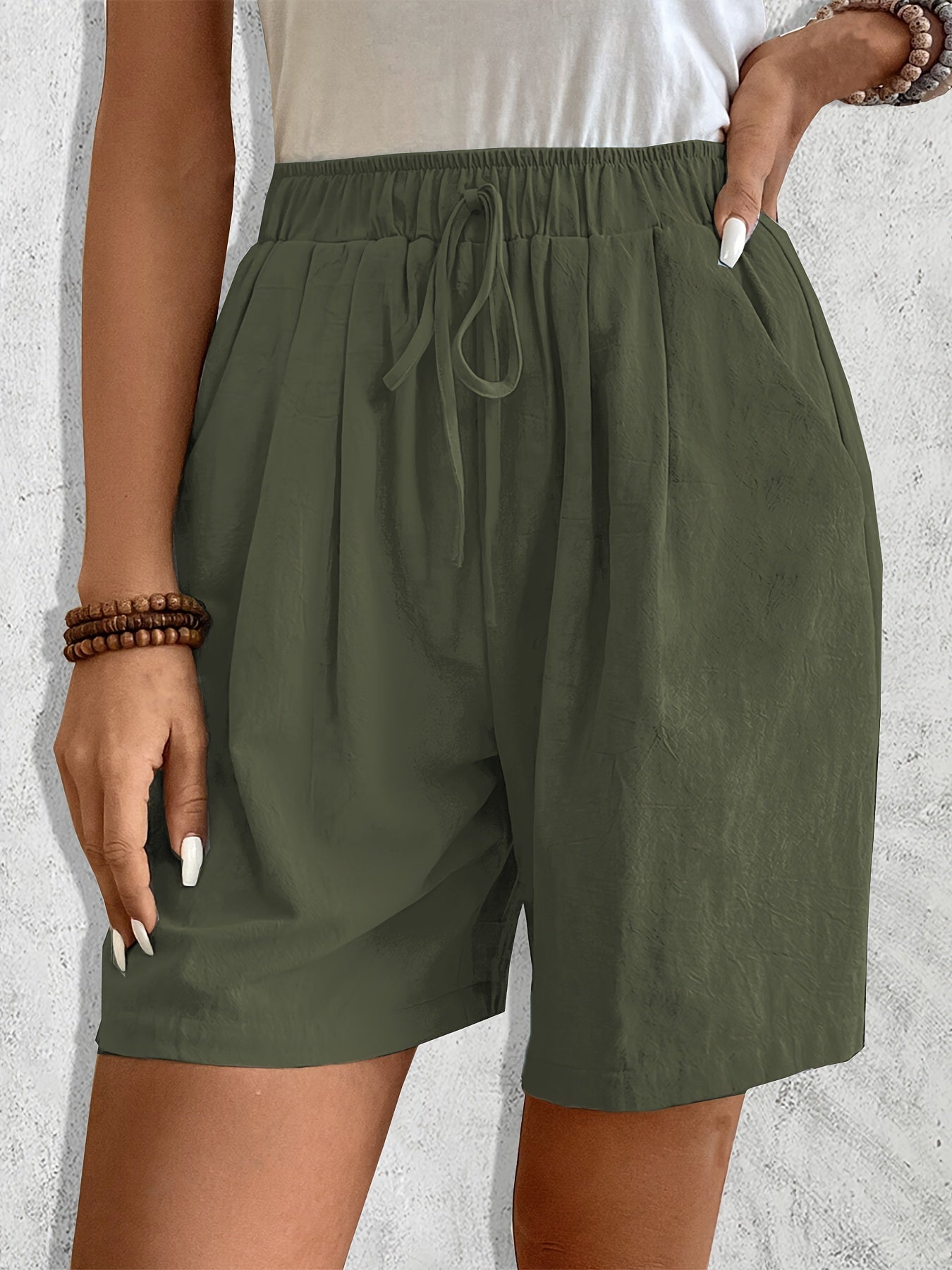 Women'S Casual Blend Shorts, Solid Color, Regular Fit, Non-Stretch Woven Fabric, with Faux Drawstring Detail, for Spring/Summer/Fall - Daily & Vacation Style
