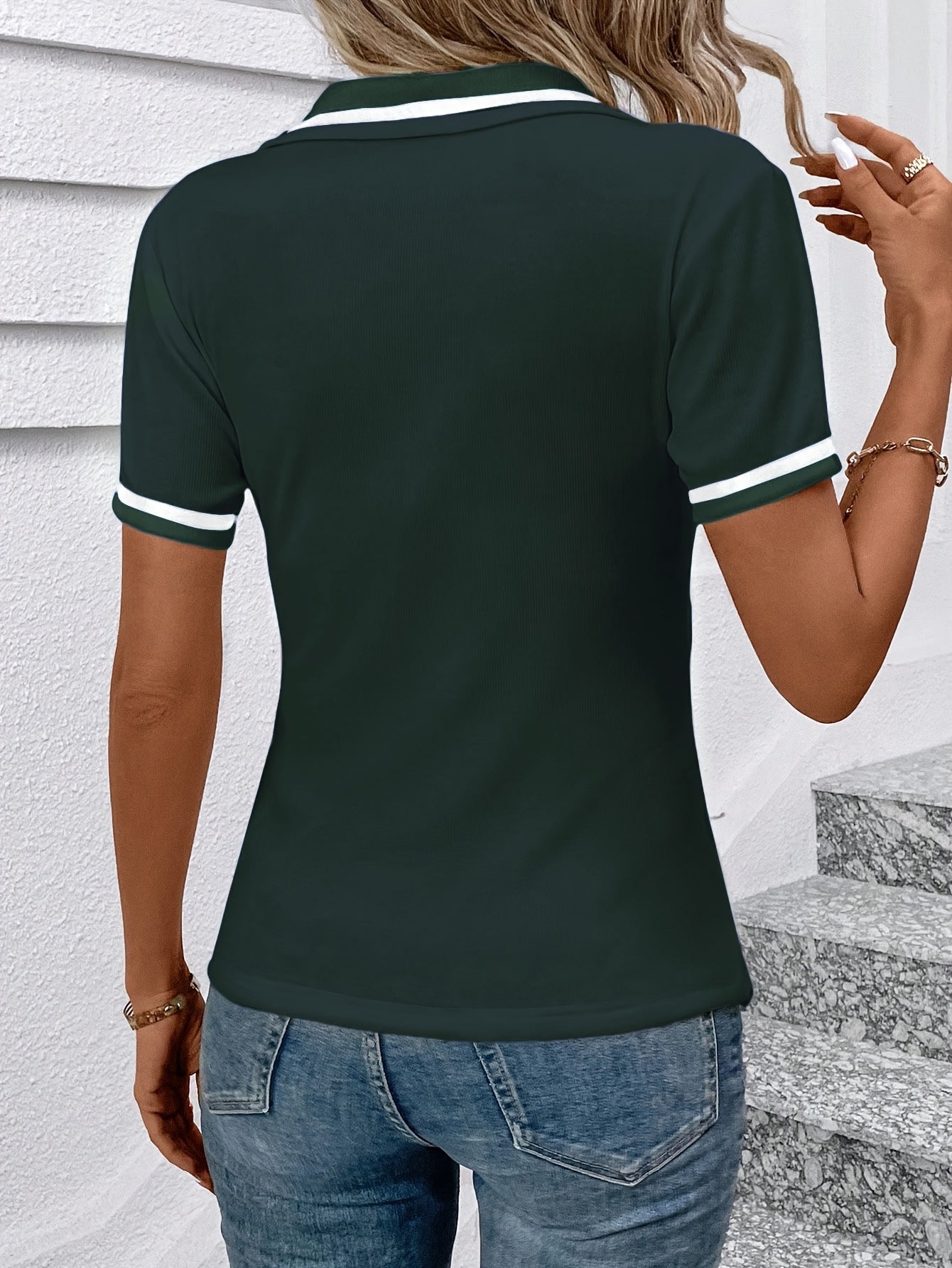 Women's Elegant Black Shirt with White Collar & Cuff Detail - Short Sleeve, Zippered, Stretchy Polyester-Spandex Blend, Machine Washable, Perfect for Casual or Professional Outfits