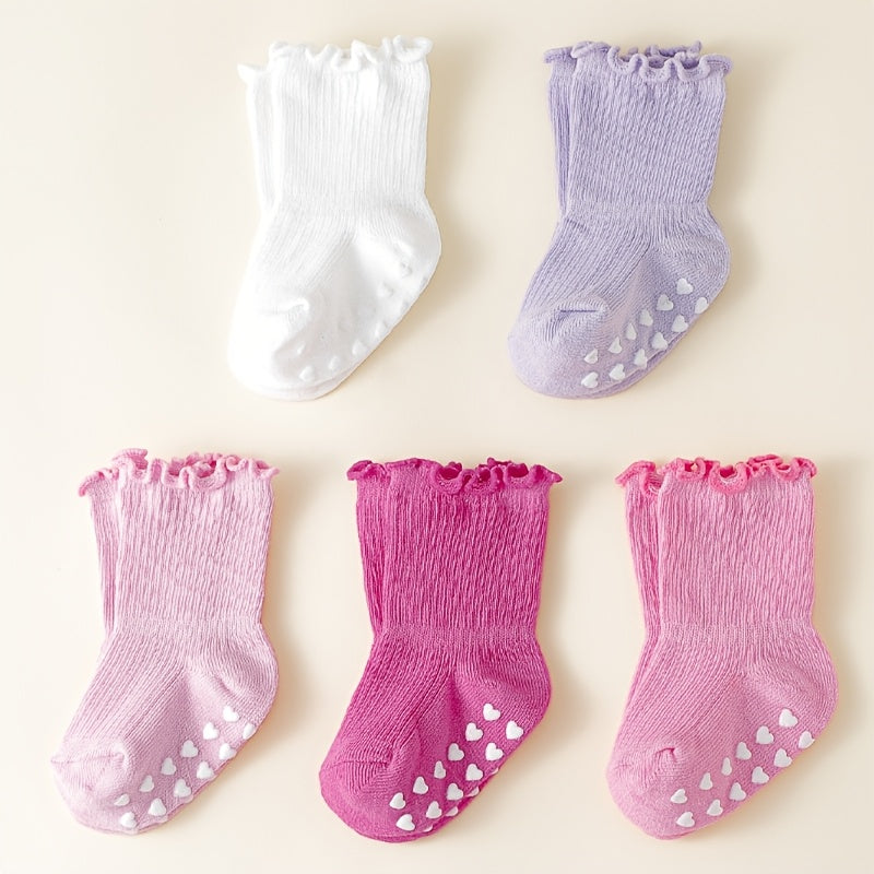 5 Pairs of Sweet And Cute Spring And Autumn Multi-Color Girls' Wood Ear Edge Non-Slip Mid-Tube Socks