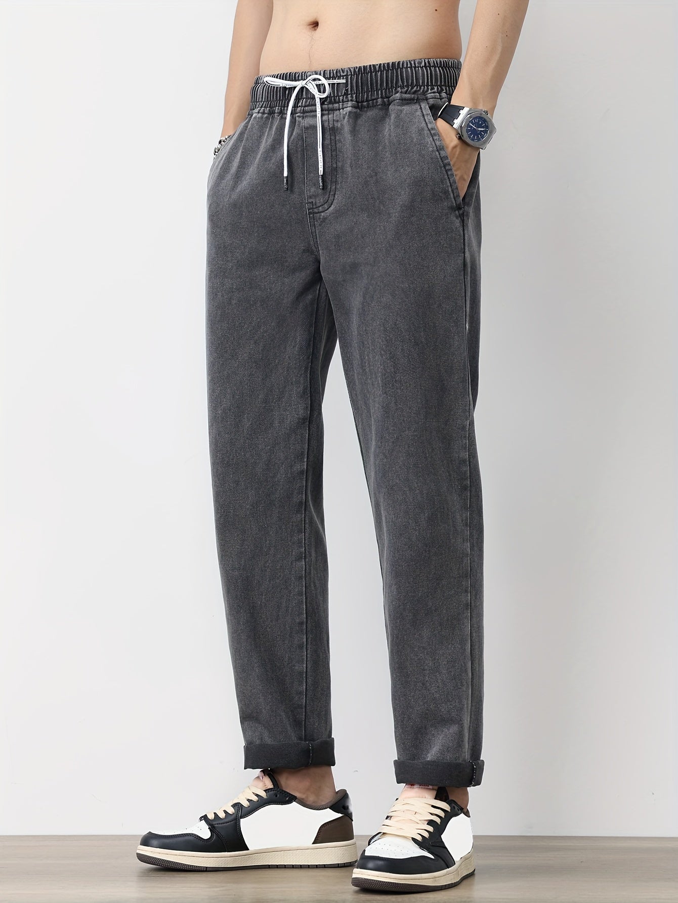 Men's Solid Washed Denim Trousers With Pockets, Causal Drawstring Cotton Blend Barrel Jeans For Outdoor Activities