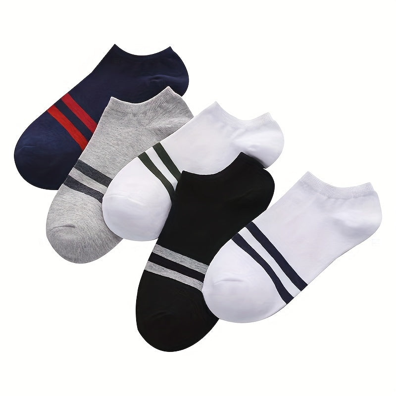 5pcs Men's Breathable Low-Cut Athletic Socks - Lightweight, Moisture-Wicking Striped Ankle Socks for Spring & Summer (White, Navy Blue, Black, Gray, Light Green)