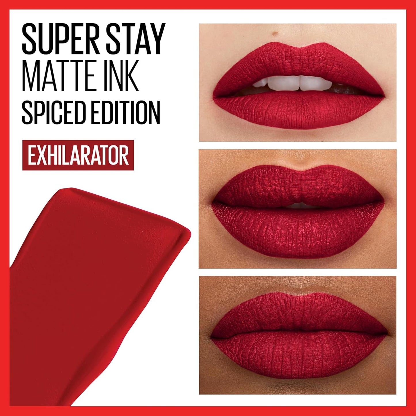 Maybelline Super Stay Matte Ink Liquid Lipstick Makeup, Long Lasting High Impact Color, up to 16H Wear, Exhilarator, Ruby Red, 1 Count, Packaging May Vary