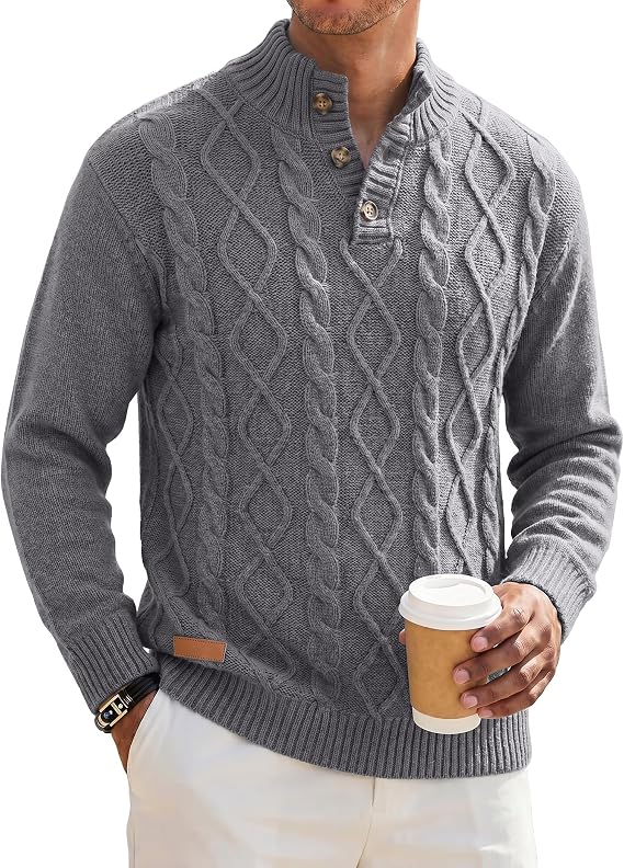 Men's Cable Knit Henley Sweater with Ribbed Stand Collar