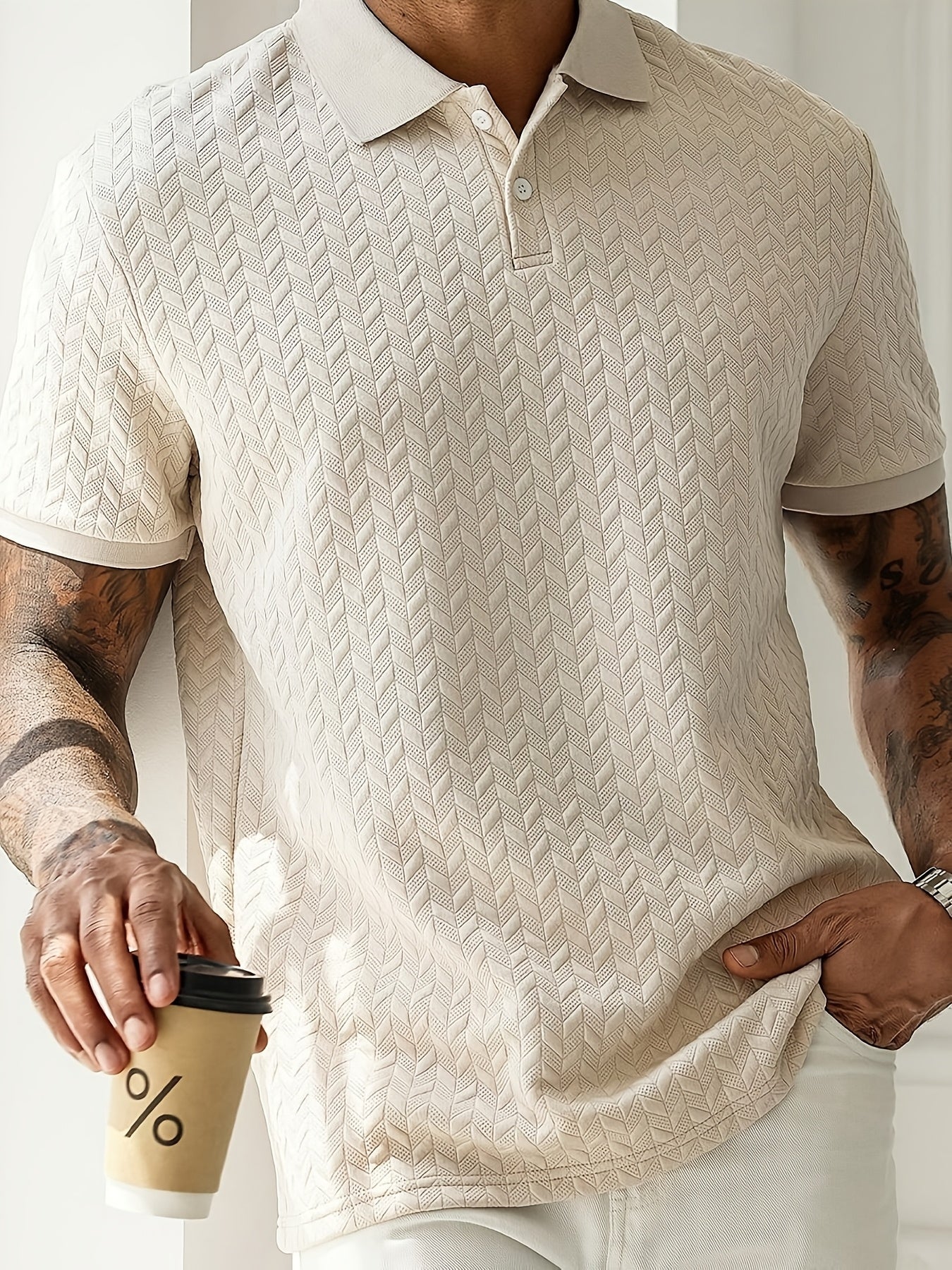 Men'S Casual Black Short Sleeve Polo Shirt with Textured Diamond Pattern - Polyester, Button-Up, Regular Fit for Summer, Casual Attire|Textured Pattern Shirt|Polyester Fabric