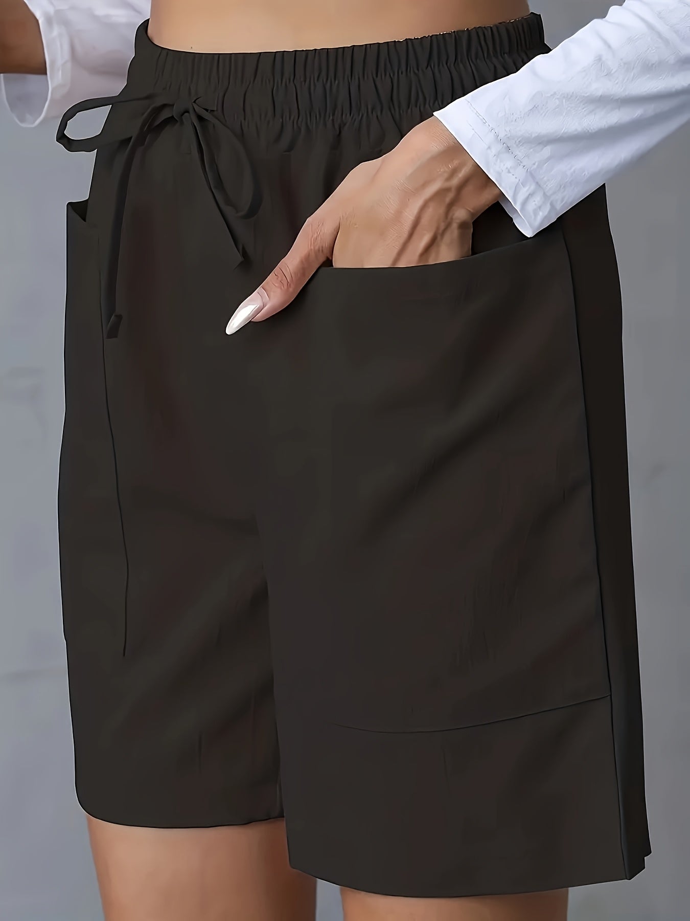 Light Pink Women's Casual High-Waist Wide-Leg Shorts with Tie Drawstring - Polyester, Non-Stretch, Smooth Texture, Summer Ready with Pockets