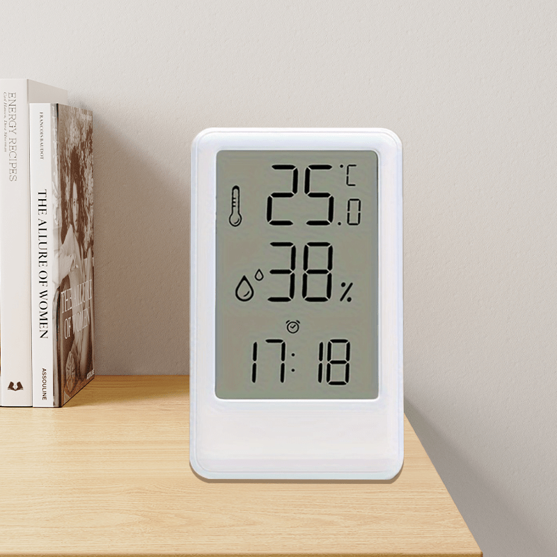 1pc Modern White Digital Temperature & Humidity Monitor with Large LCD Screen, High-Precision Room Thermometer for Desk or Wall, 12/24H Time Display, Battery-Powered (AAA Battery Not Included) – Ideal for Bedroom, Kitchen,