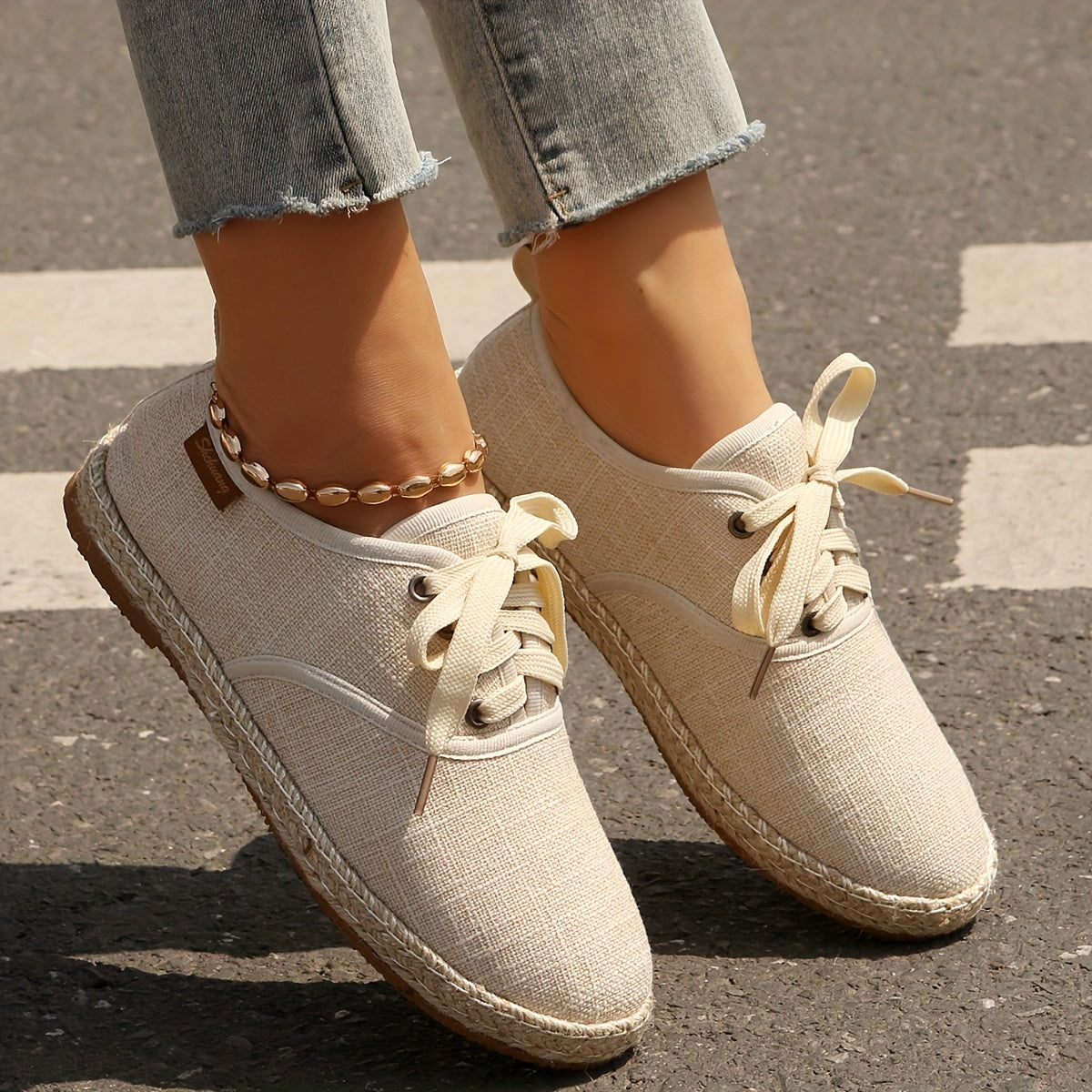 Women's Casual Solid Color Lace-Up Flats with Plain Toe, Lightweight Fabric Upper and Lining, TPR Sole, Versatile All-Season Comfort Shoes - Taizhou Origin
