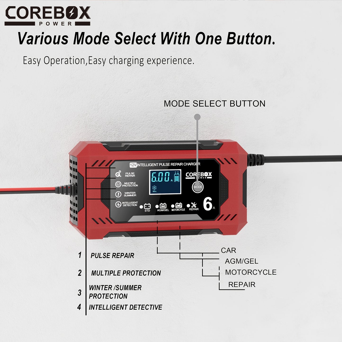COREBOX EU Plug 12V 6A Smart Battery Trickle Charger 12V Battery Maintainer Battery Charger with LCD Display for Car Truck Motorcycle Lawn Mower Marine Lead Acid Charge, Without Battery