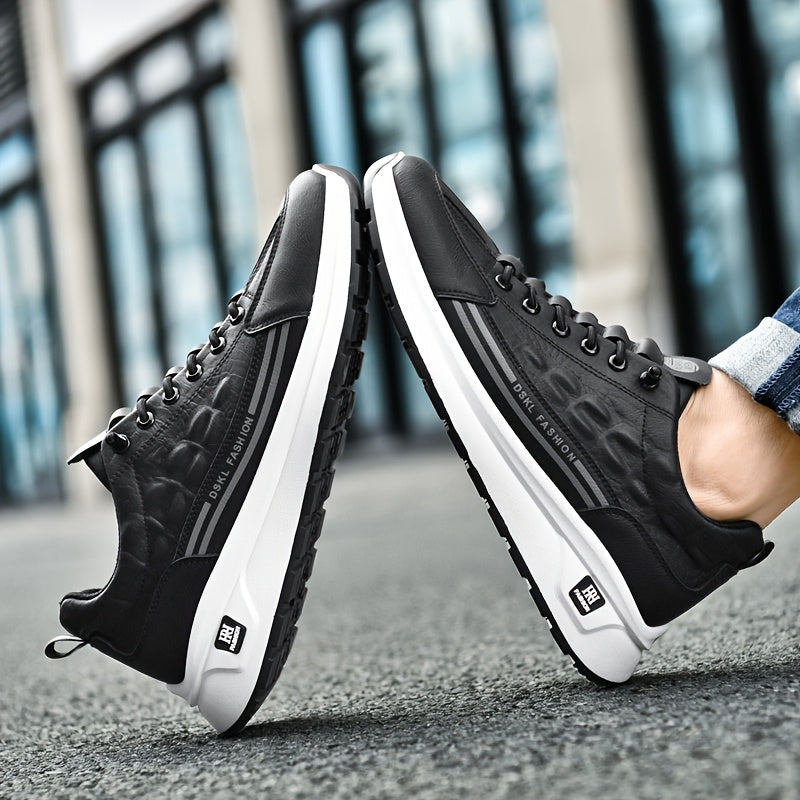 Men's Breathable Casual Sneakers - Comfortable, Versatile Stylish Shoes for Running, Sports Casual Attire, Black with White Accents, PU Upper PVC Sole, Round Toe, Lace-Up Design, All-Season Use