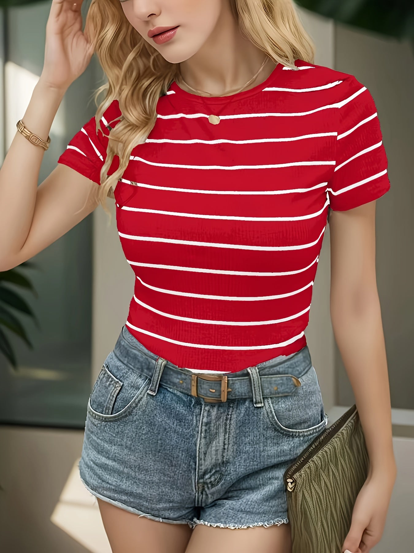 Women's Slim Fit Striped Short Sleeve T-Shirt - Black & White Horizontal Stripes, Round Neck, Breathable Summer Casual Top, Machine Washable, Everyday Fashion, Sophisticated Casual, Quality Casualwear, Relaxed Outfit, Classic