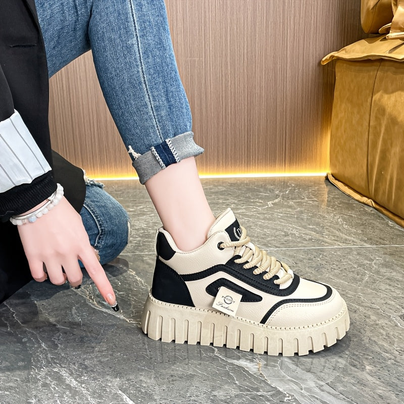 1 Pair Women'S Fashion Mid-Top Casual Sneakers, PU Upper, Fabric Lining, Rubber Sole, and EVA Insole, Lace-Up Design, with All-Season Versatile Athletic Shoes