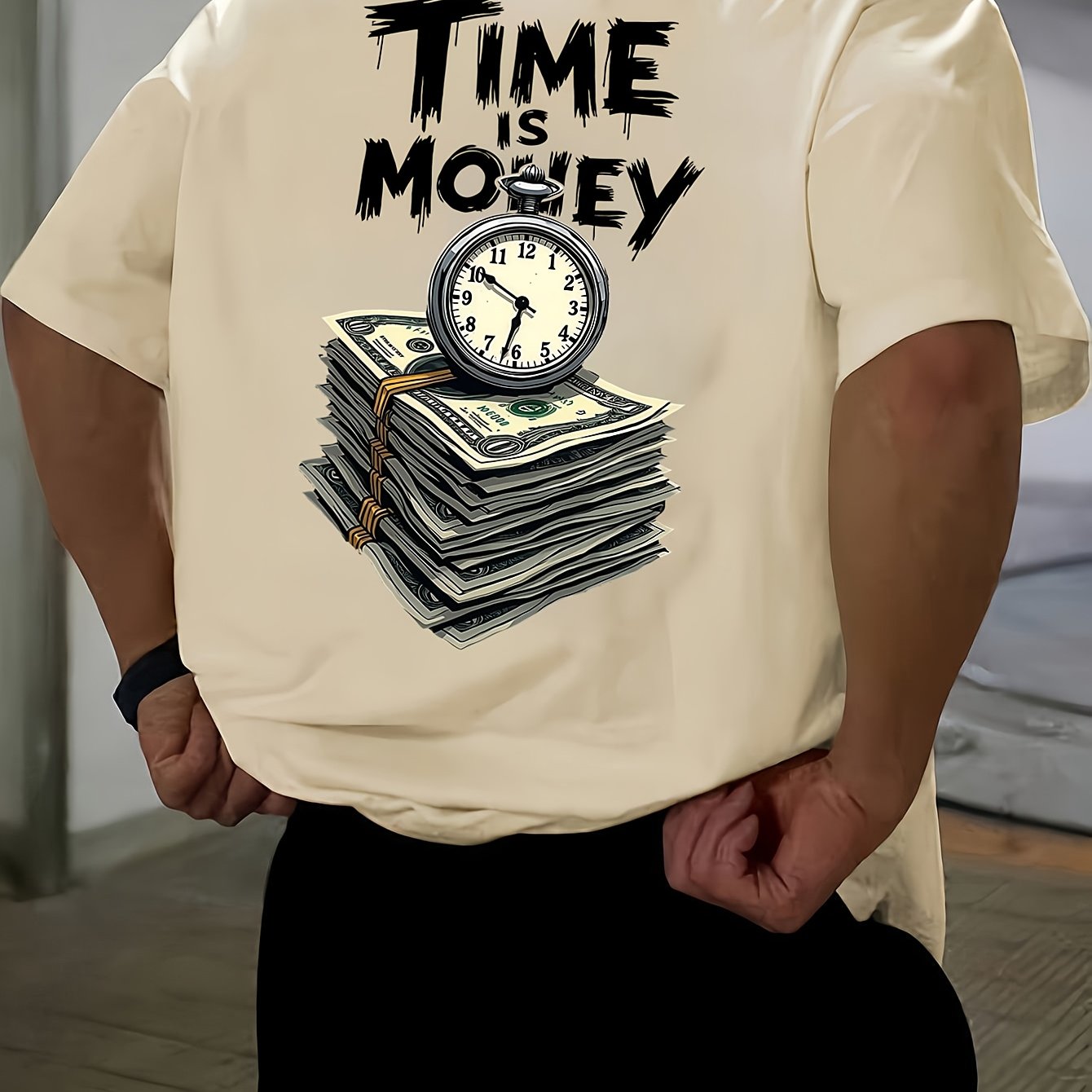 Men'S Casual Short Sleeve T-Shirt with "Time is Money" Clock Stack of Cash Graphic - Lightweight Polyester, Loose Fit, Round Neck, Perfect for Spring Summer Outdoor Wear, Relaxed Fit Shirt Bold Graphic Tee Glossy Text
