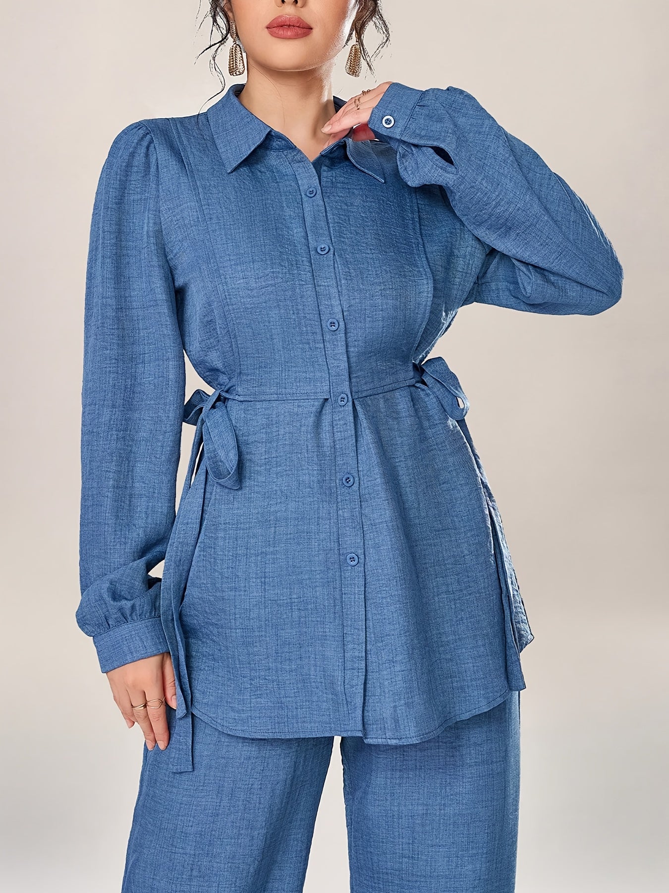 Stylish and Elegant Casual Two-Piece Women's Outfit with Side Tie Single-Breasted Shirt and Wide-Leg Pants for Office Wear