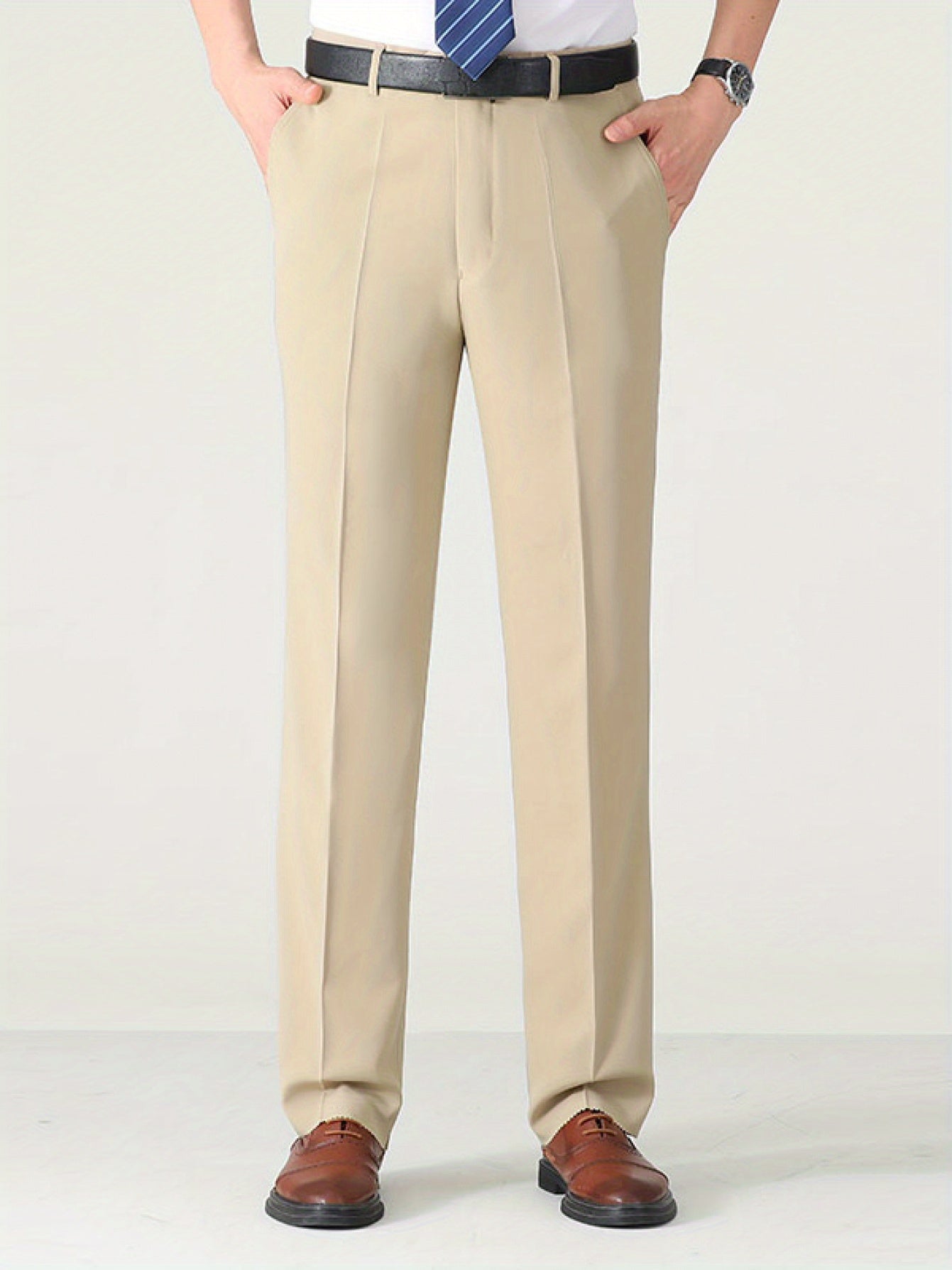 Men'S Solid Color Straight Leg Casual Business Casual Pants, Regular Length, Slight Stretch Polyester Fabric, with Pocket, for Spring/Fall
