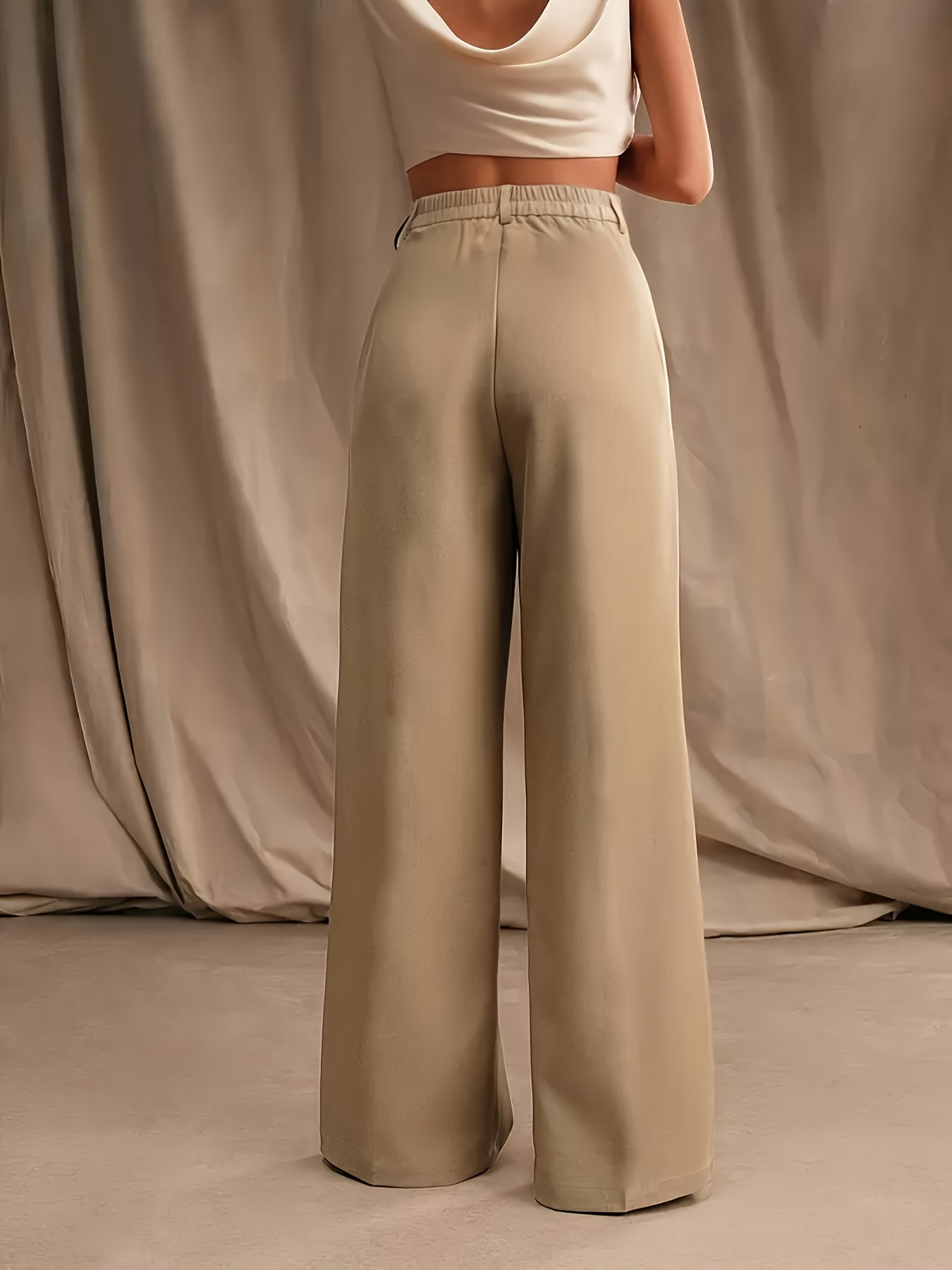 Women's Plus Size Elegant Straight-Leg Pants - High-Rise Beige Polyester Blend with Button Details, Non-Stretch & Smooth Fabric for Spring/Summer, Spring Summer Wear | Buttondown Front | Tailored Fit, Cute Pants