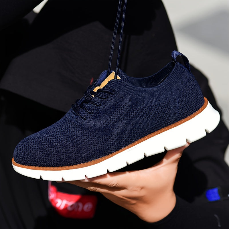 Men's Breathable Knit Business Casual Shoes - Beige with Brown Accents, Lace-Up, EVA Sole, Round Toe, Versatile for All Seasons, Dressy Shoes