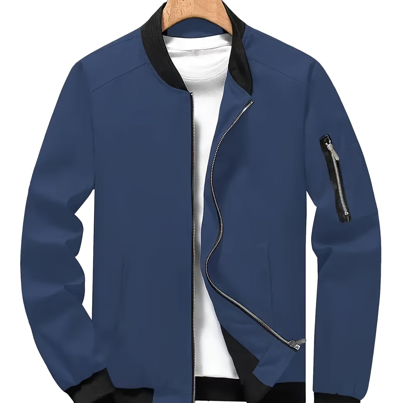 Men'S Stylish Black Sports Casual Jacket - Lightweight Bomber with Zipper Pockets, Front Zipper Panel, and Ribbed Cuffs - Perfect for Outdoor Activities, Running, and Casual Attire