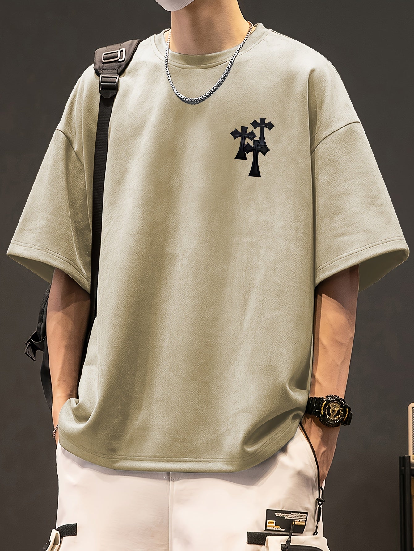 Men's Casual Black Suedette Short-Sleeve T-Shirt with Print Cross Design - Soft, Loose Fit, Round Neck, Summer Tee for Adults, Summer Casual Wear | Casual Shirt | Faux Suedette Texture
