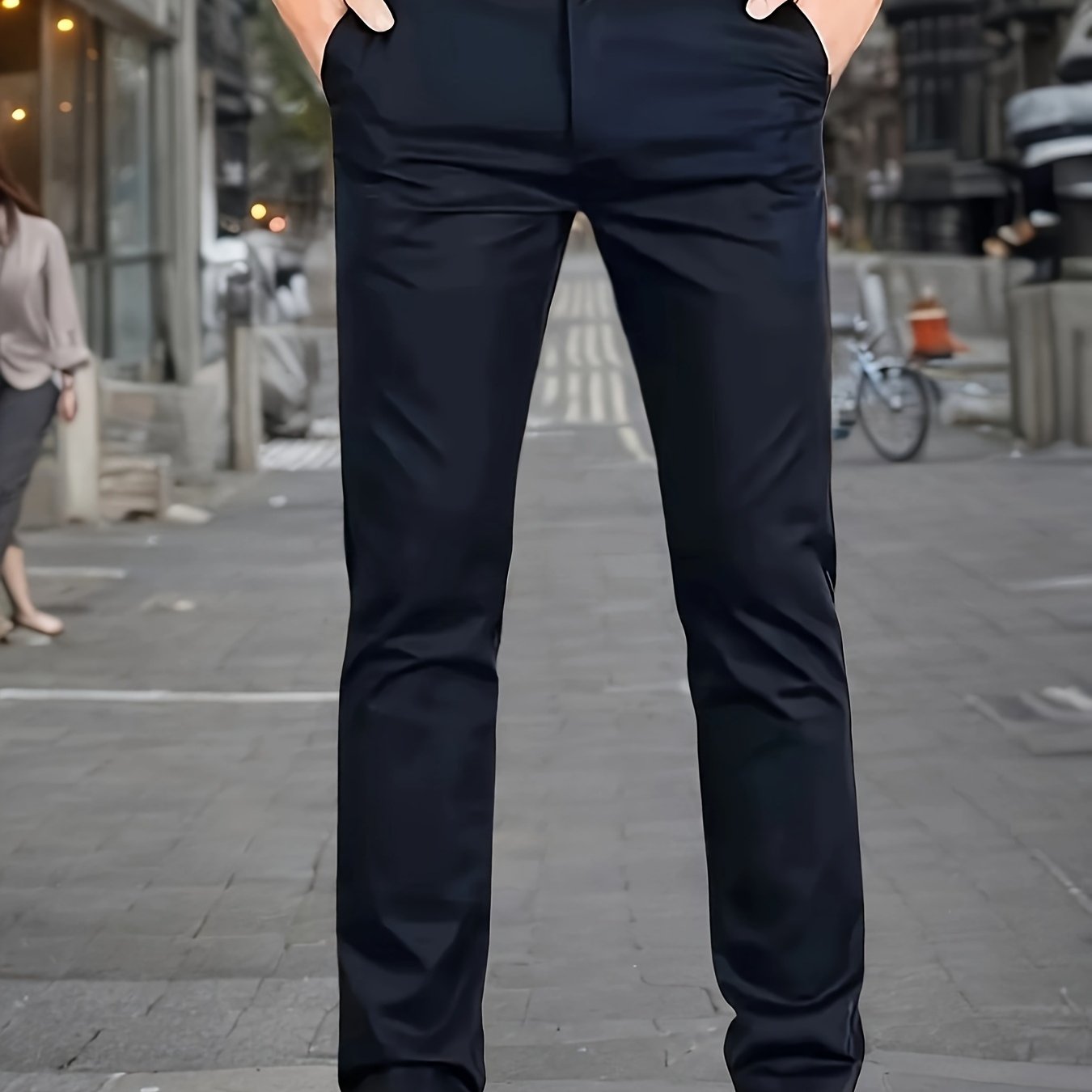 Men's Sleek Stretch Dress Pants - Solid Color Black, Comfort Fit with Subtle Stretch, Polyester Fabric, Mid-Rise, Machine Washable, Perfect for Business Casual & All-Season Wear, Business Casual Pants | Sleek Trousers | Easyc