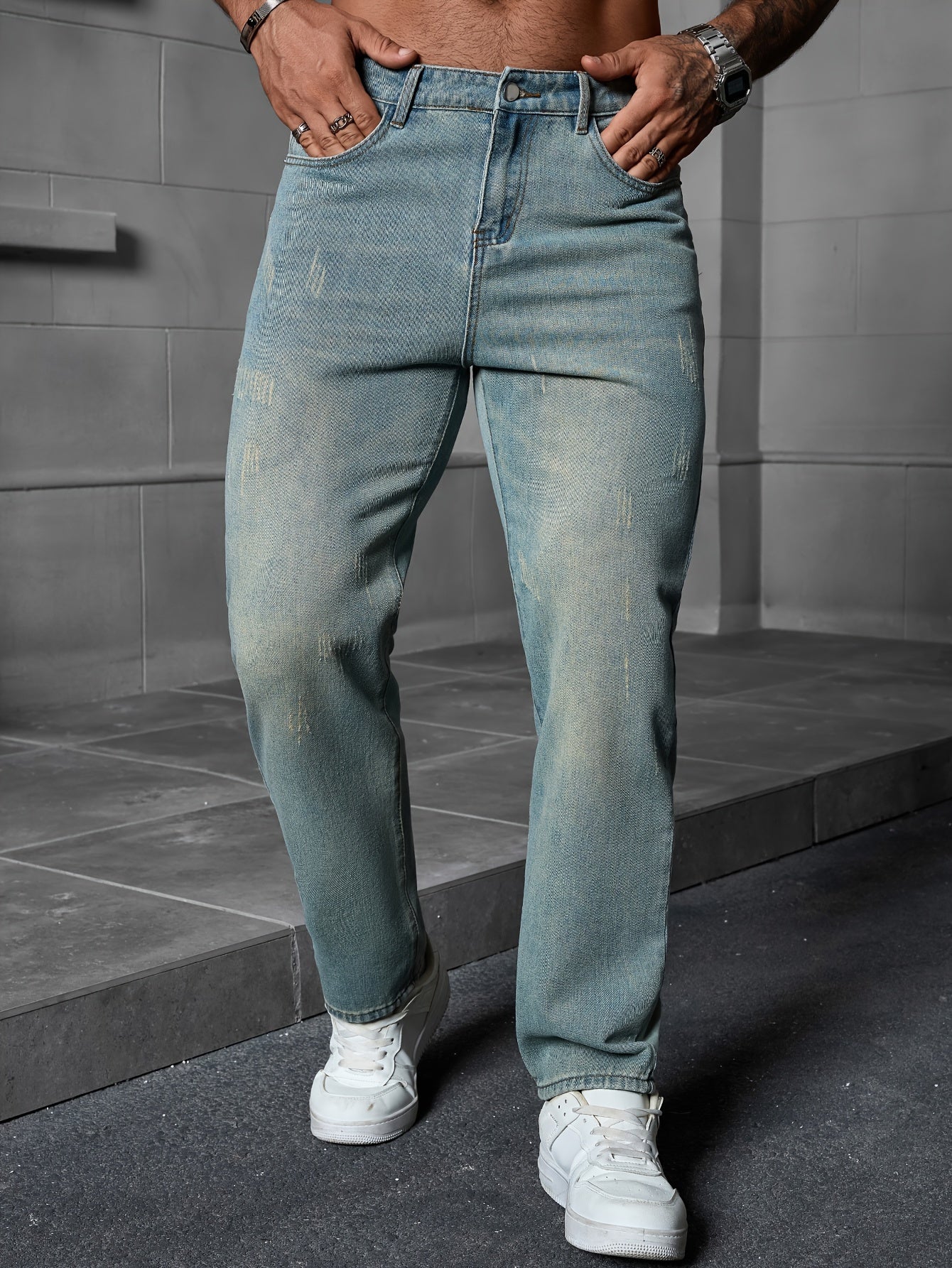 Men's Regular Fit Distressed Denim Jeans - Light Grey, Blend, Machine Washable, Year-Round Comfort & Style