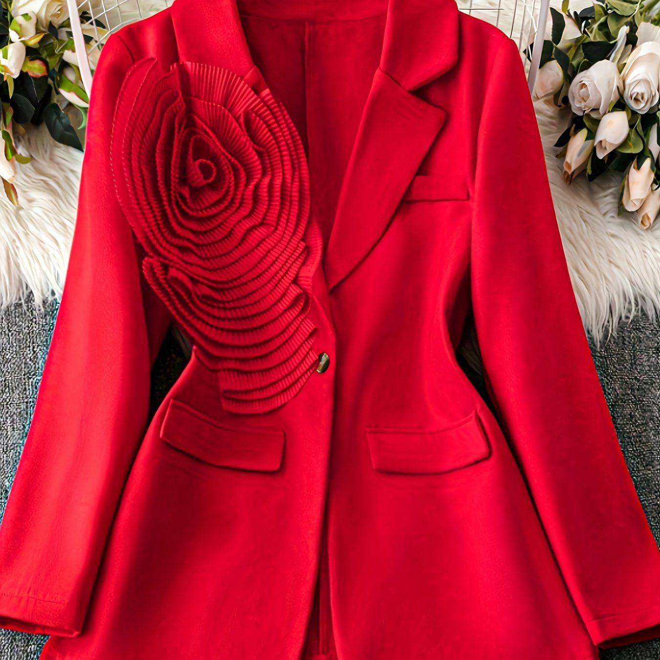 1pc Women'S Elegant Pink Blazer - Thick Winter Coat with Floral Pattern, Structured Lapel Collar & Single-Button Closure, Long Sleeve Tailored Jacket for Fall/Winter