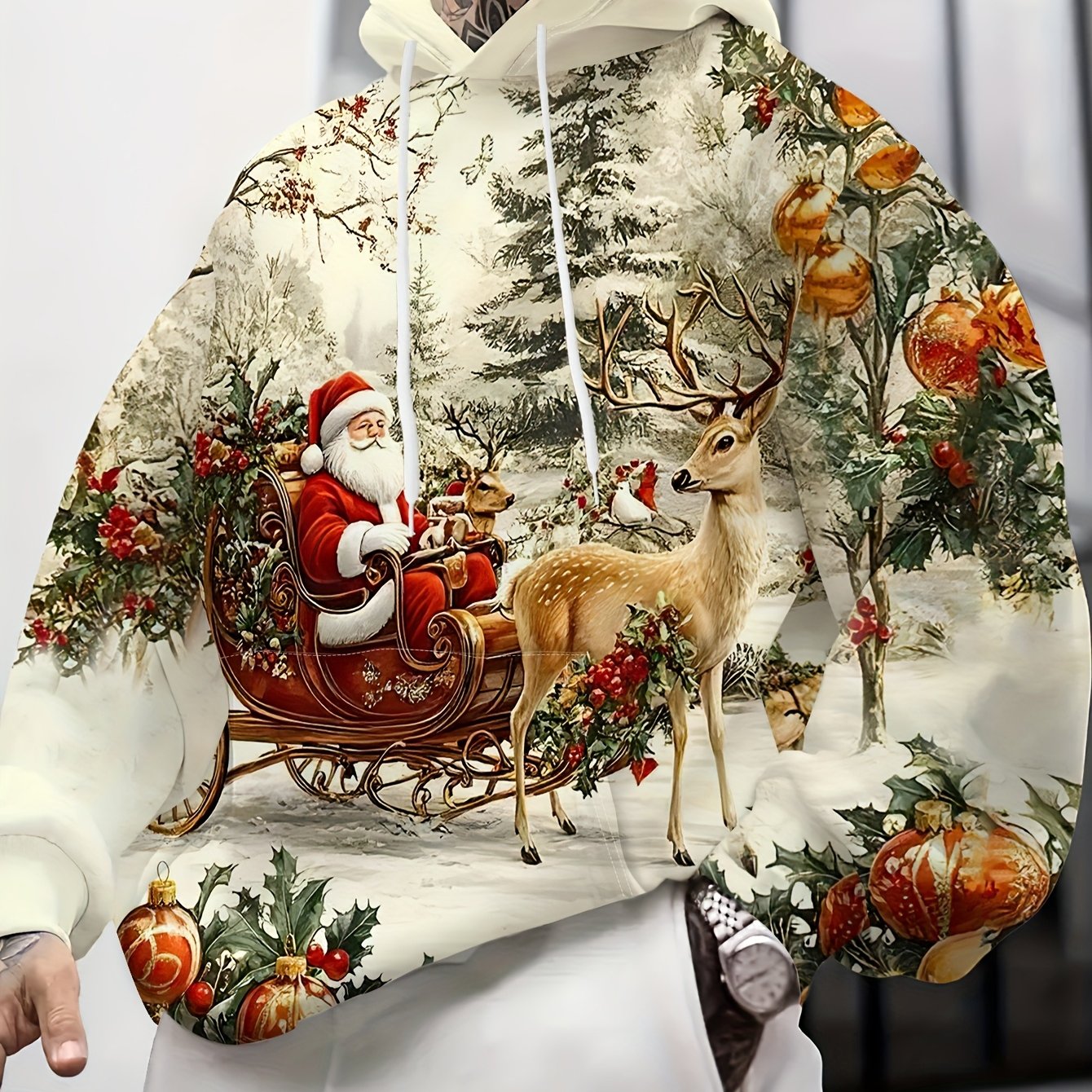 Men'S Plus Size 3D High-Definition Christmas Hooded Sweatshirt - Santa Claus & Reindeer Print, Loose Fit Winter Warmth, All-Season Casual Pullover with Pockets, Christmas Sweatshirt, Festive Clothing, Holiday Apparel, Holiday