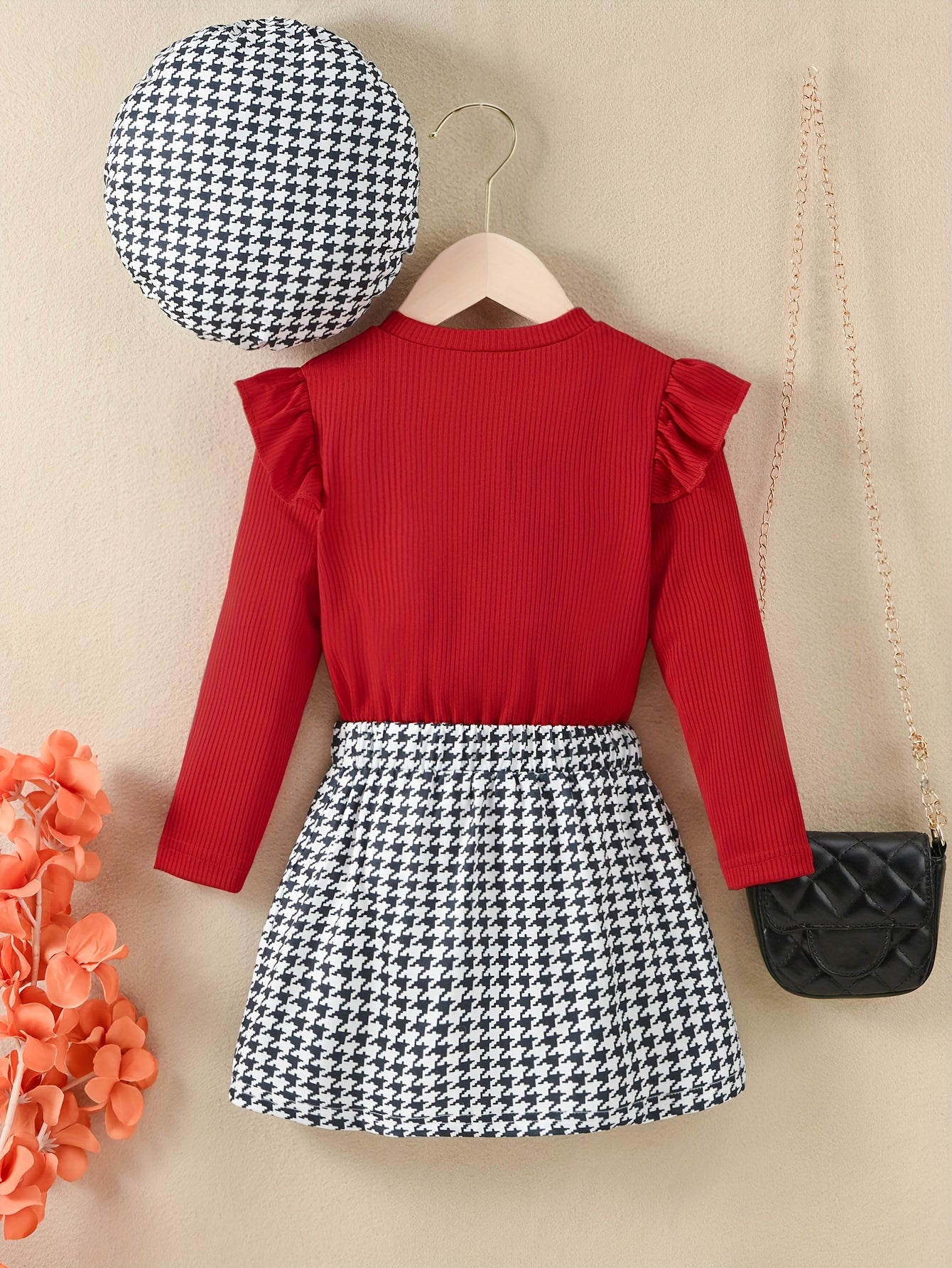 Youngsters Girls Ruffle Tee & Houndstooth պրինտ կիսաշրջազգեստ և գլխարկ