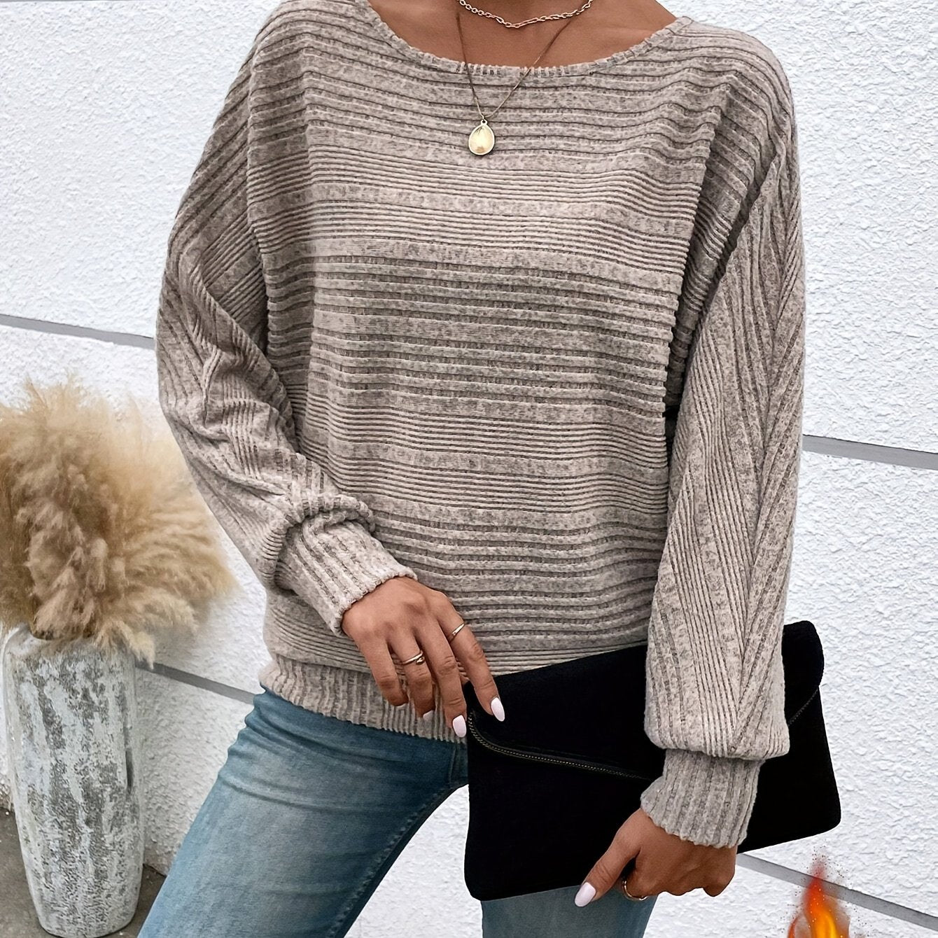 1 հատ Women'S Casual Crew Neck Knit T-shirt - պոլիեսթեր պինդ գույնի երկարաթև վերնաշապիկ գարնան/աշունի համար