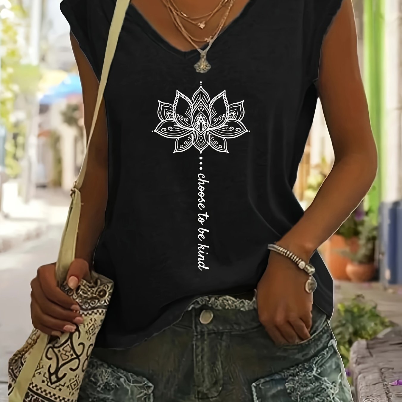 WISH Quick Deal: Ebye Spring/Summer 2024 - Women's Light Blue V-Neck T-Shirt with Inspirational for Lotus & Letter Print, Casual Loose Fit, Rayon Blend, Machine Washable