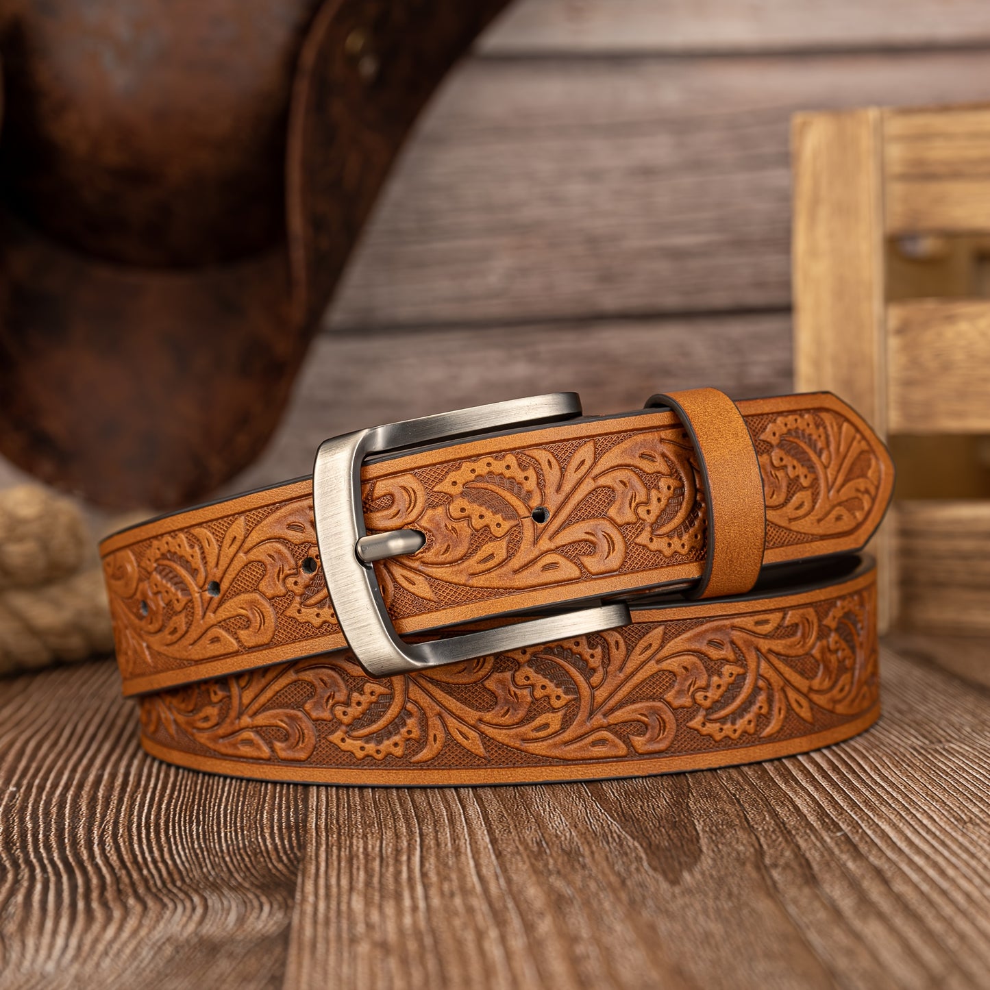 Preppy Style Men's Embossed PU Leather Belts with Vintage Leaf Pattern and Alloy Shaped Buckle