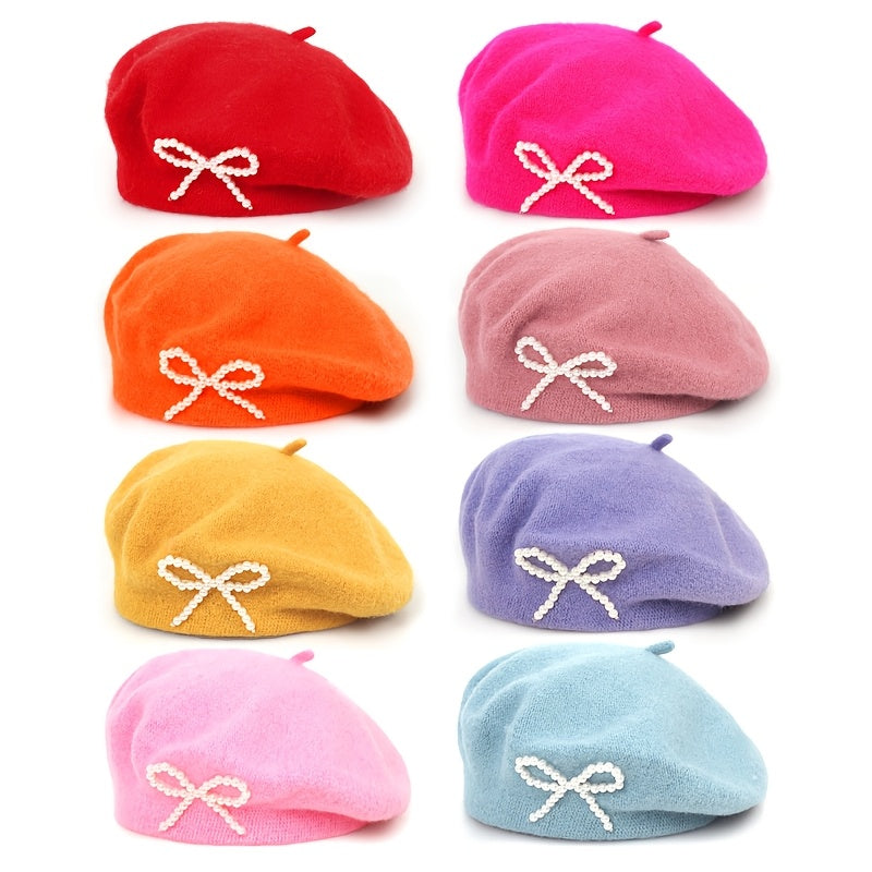 1pc Women's Wool Beret with Pearl Bow - Elegant, Breathable, and Stylish in Multiple Colors (Black, Brown, Gray, Beige, Purple, Pink) for Casual Attire