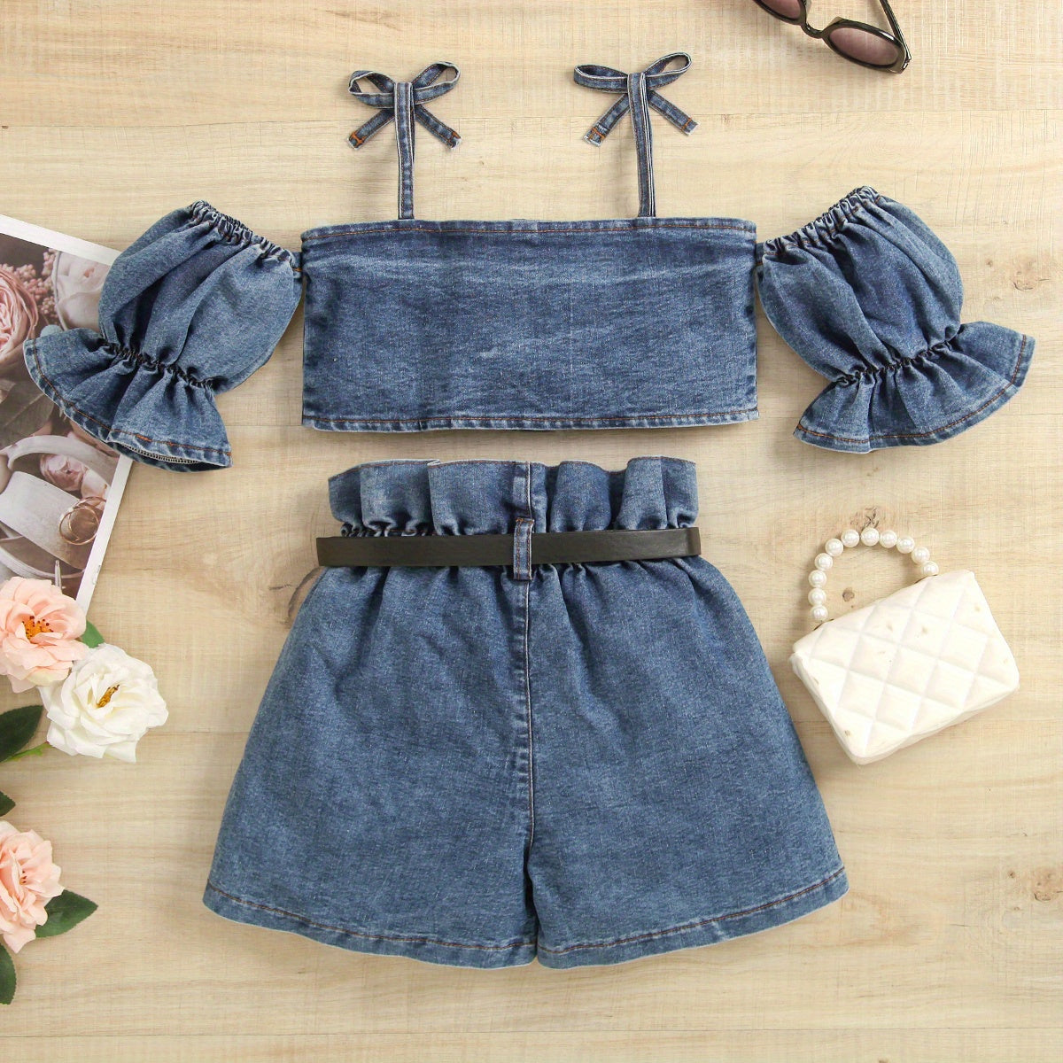 2 հատ Toddler Girls Puff Sleeves Cold Shoulder Button Crop Top & Paperbag իրան շորտեր Ջինսե հավաքածու Մանկական ամառային հագուստ
