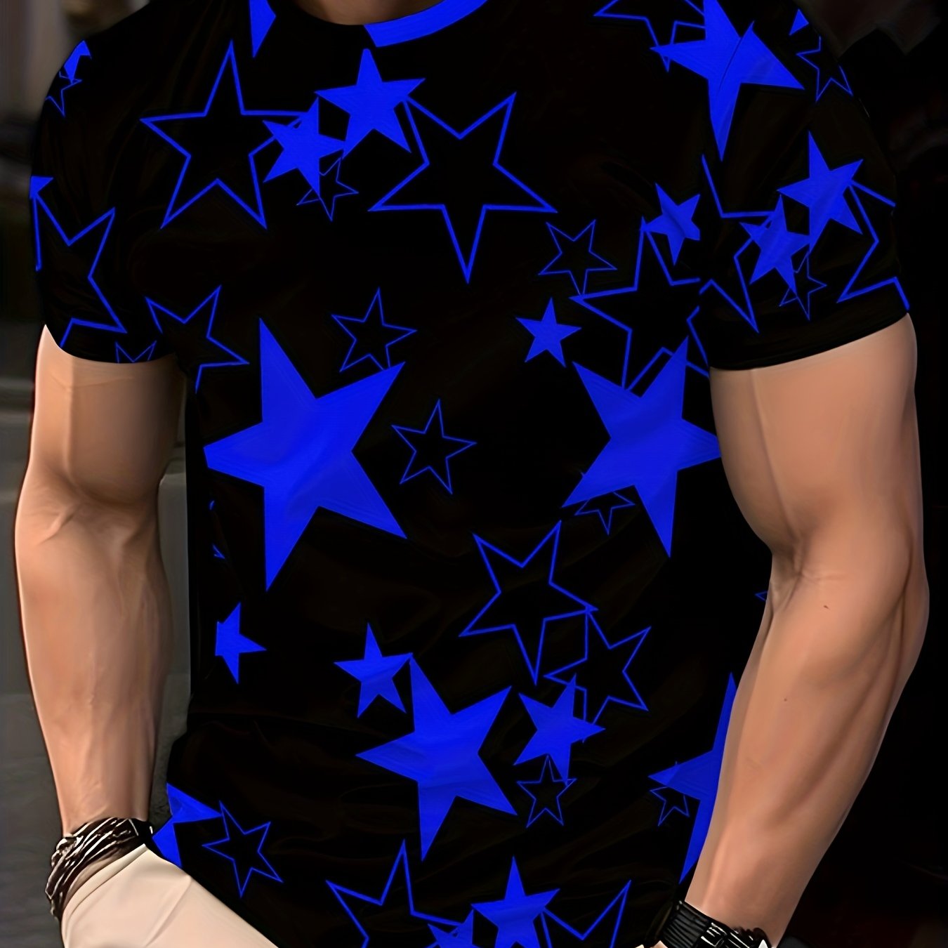 Men's Allover Color Blocking Stars Pattern Short Sleeve Crew Neck T-shirt For Summer, Casual Stylish Tee As Gift