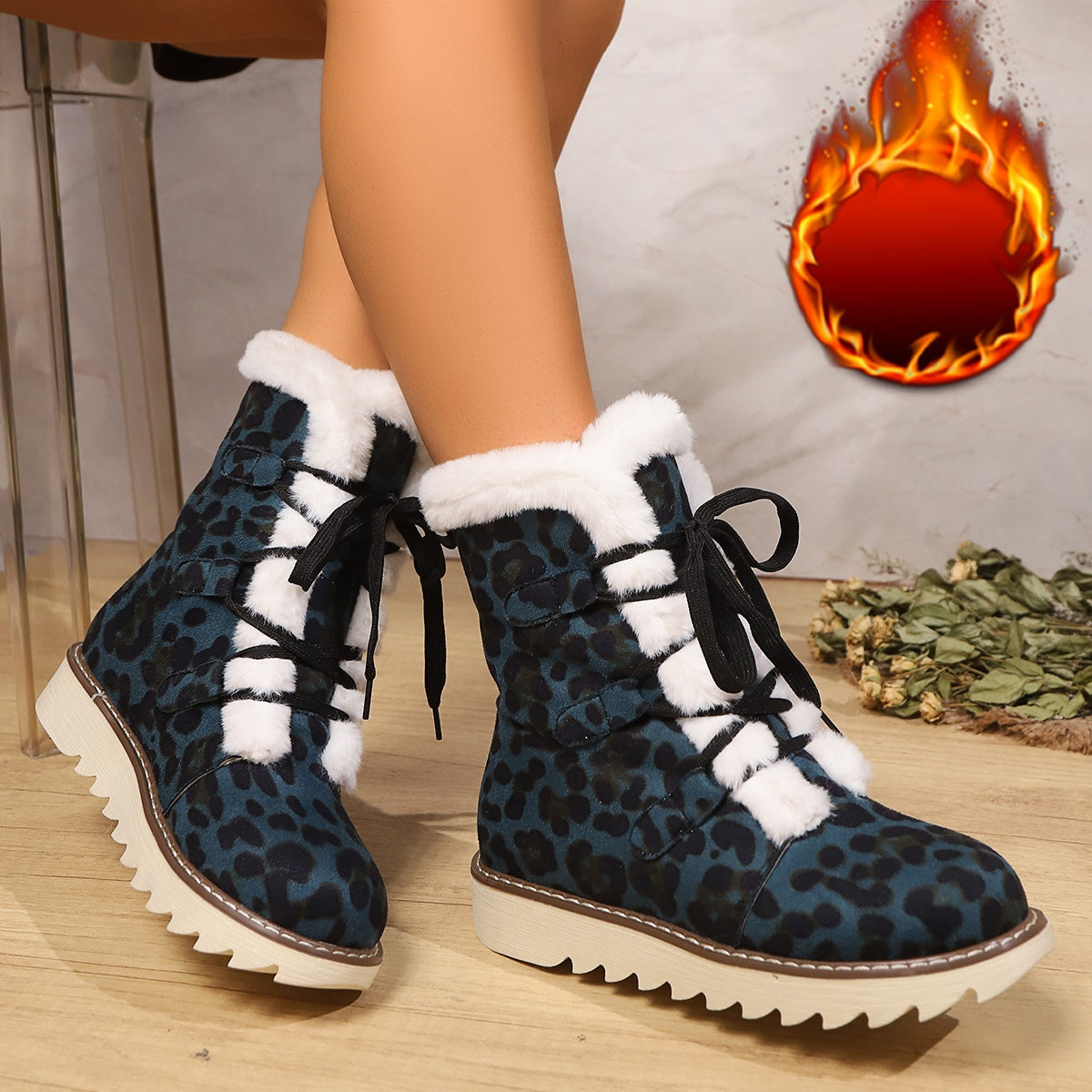 Women's Leopard Print Winter Boots with Flat Sole & Lace-Up Closure - Blue Round Toe Fabric Upper, Rubber Traction Outsole for Cold Weather Comfort, African-Inspired Fashion Footwear, Cold Weather Gear, Comfortable Boots, War