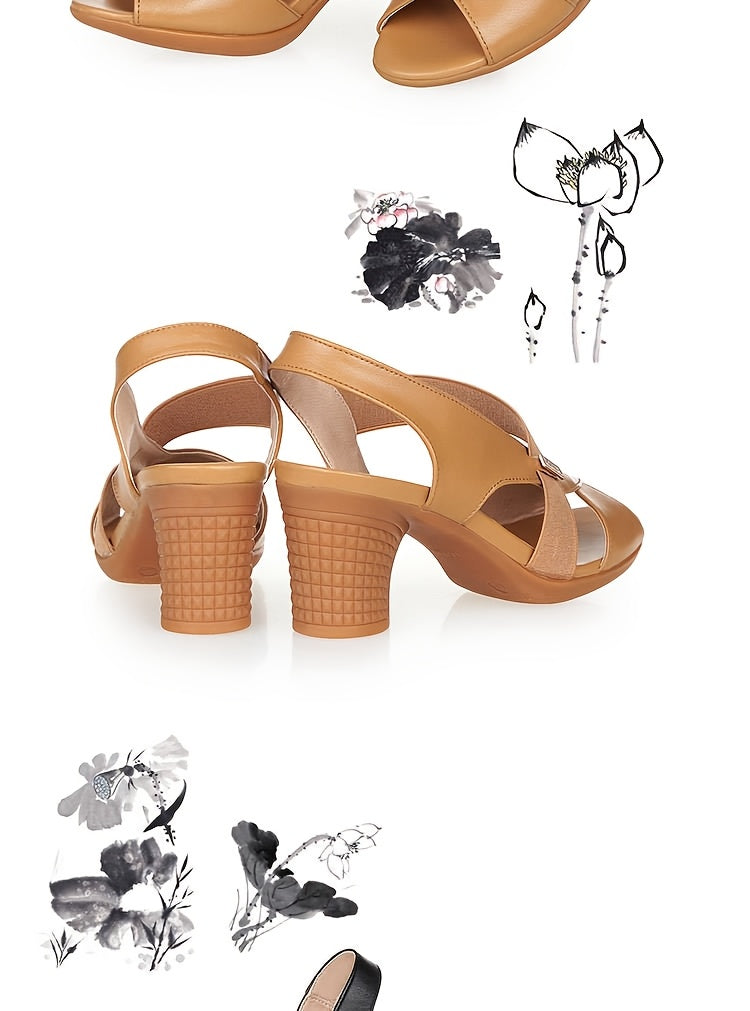 Elegant Tan Peep-Toe Women's Sandals - Comfortable Mid-Heel, Casual Summer Shoes with Chunky Heel, Faux Cover Straps & Non-Slip Rubber Sole for Casual Attire, High Heel Sandals